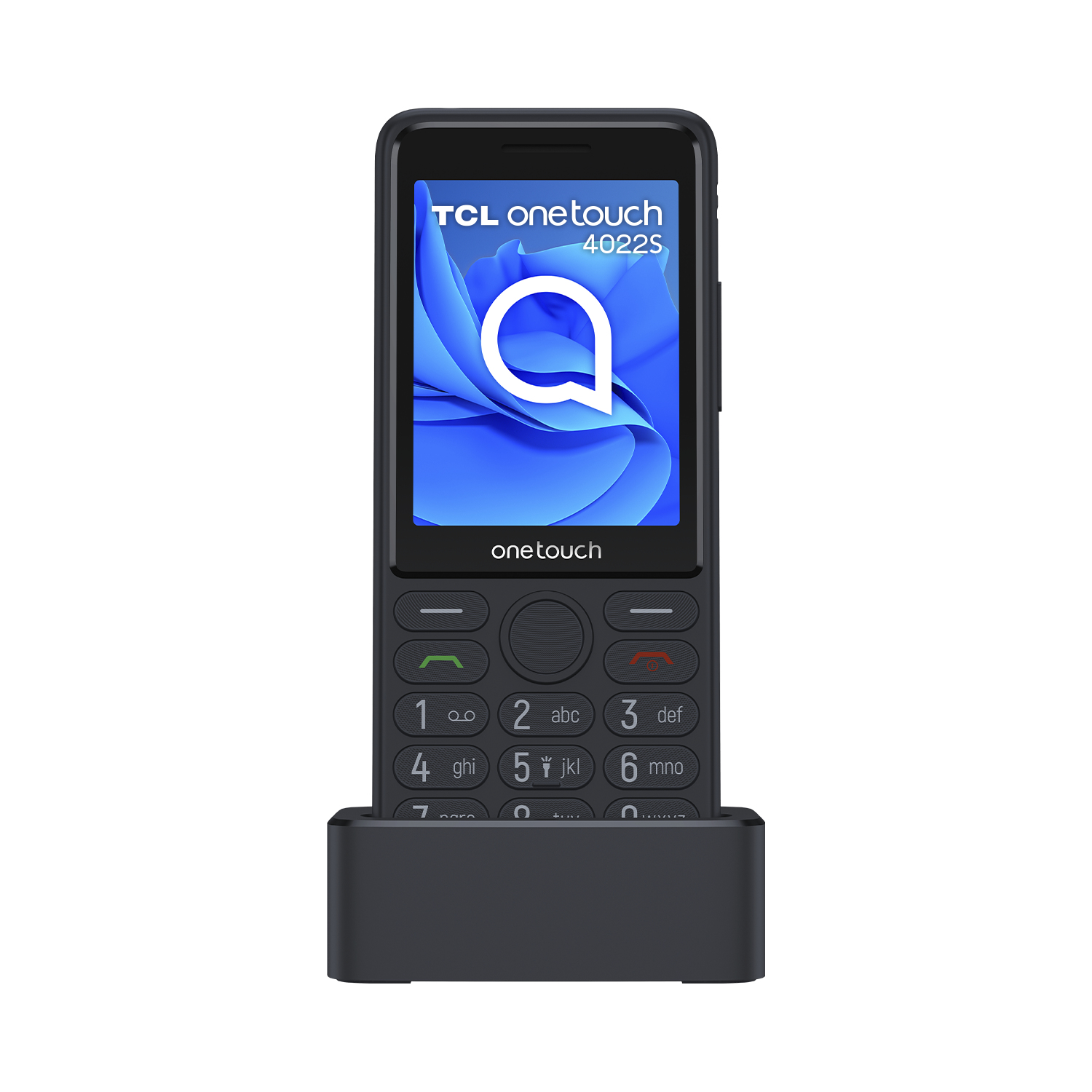 Telefono TCL nero con tastierino numerico, schermo mostra logo 'A' bianco su sfondo blu.