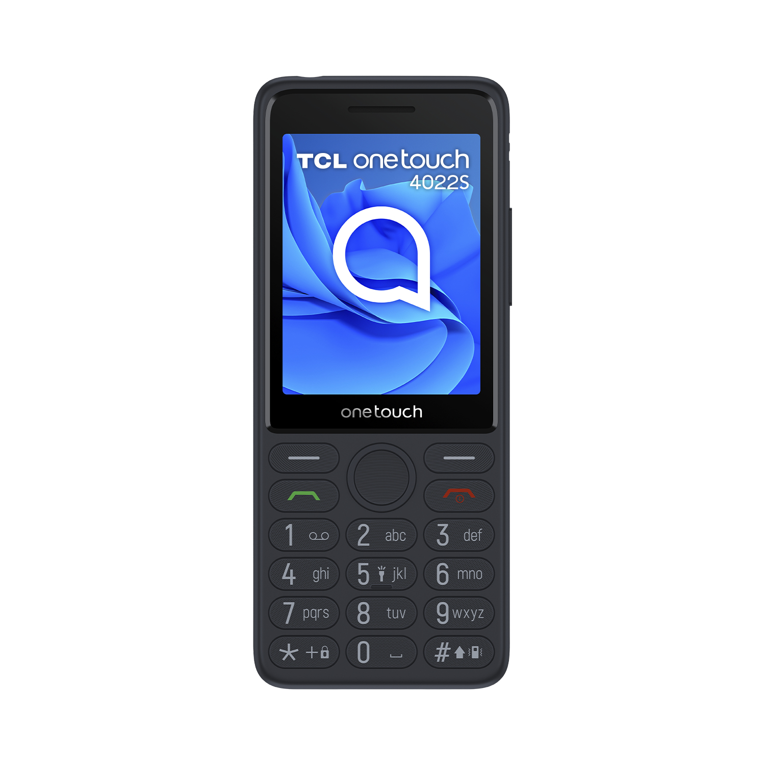 Telefono TCL nero con schermo blu con logo. Tastiera sotto.