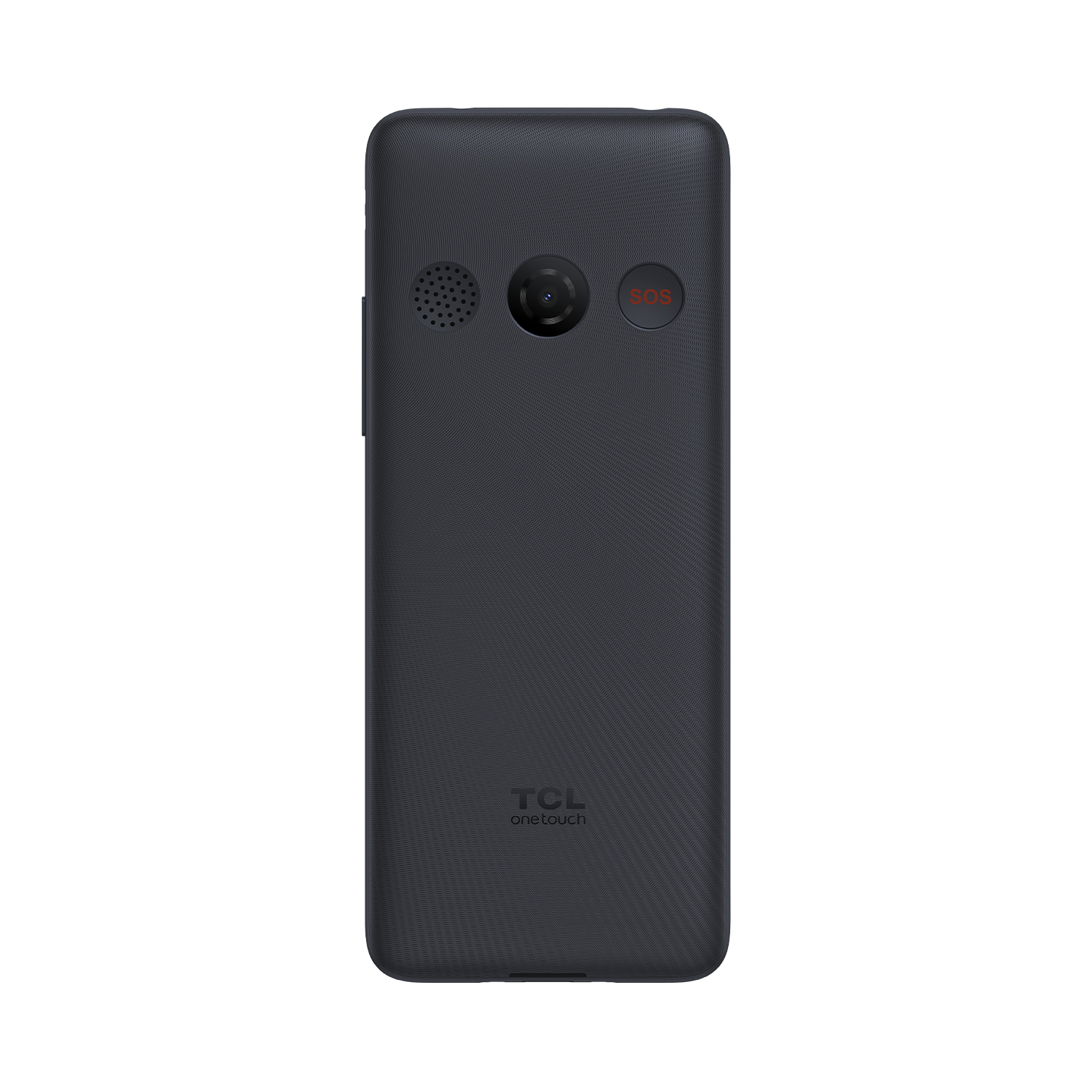 Retro di un telefono TCL nero con fotocamera, altoparlante e pulsante SOS.