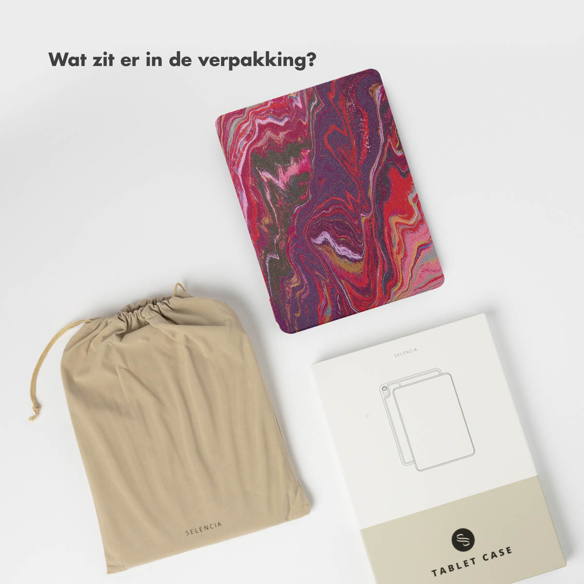 Contents: patterned tablet case, beige drawstring bag, and white tablet case box.
