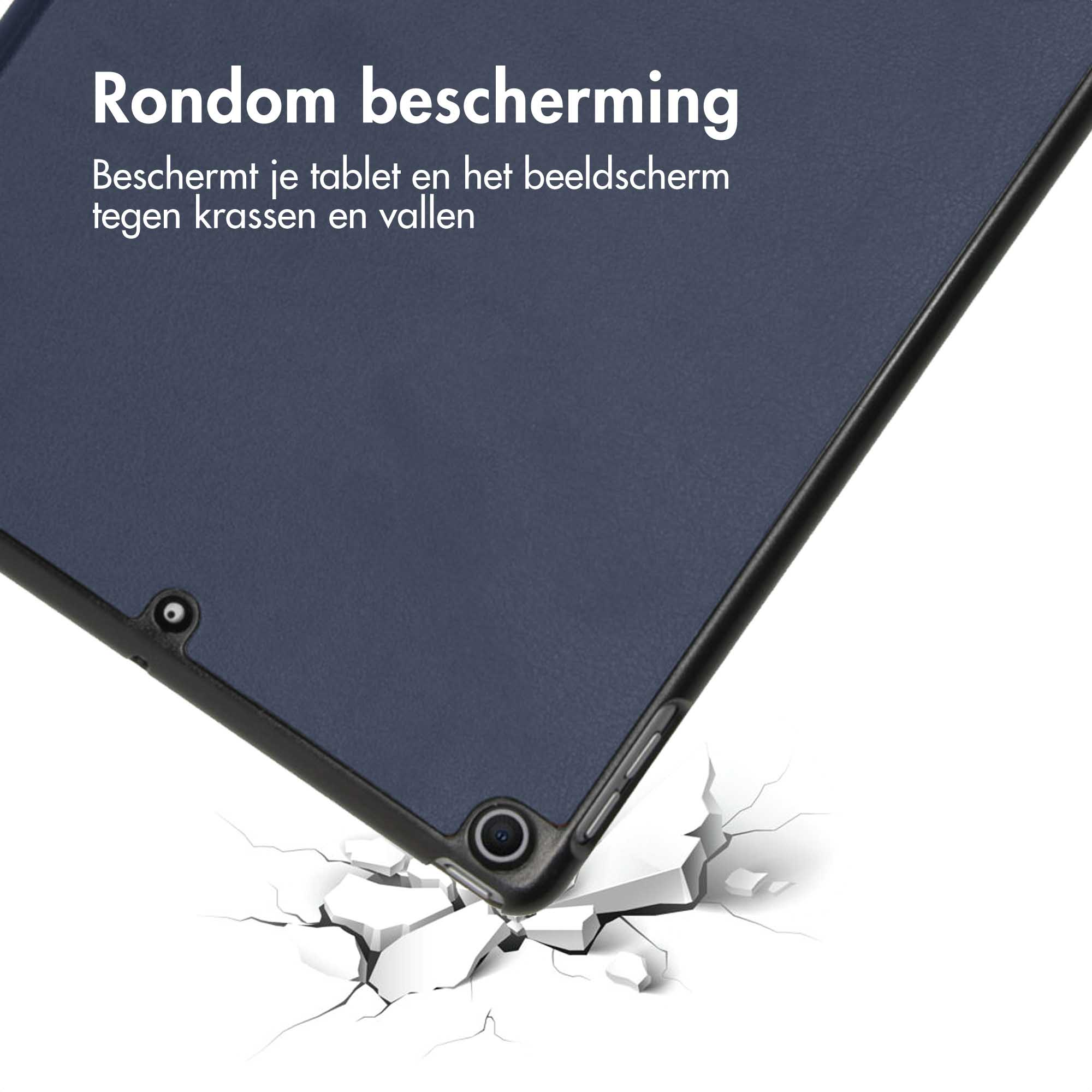 Custodia per tablet con copertura blu. Il tablet è mostrato con un pavimento incrinato.