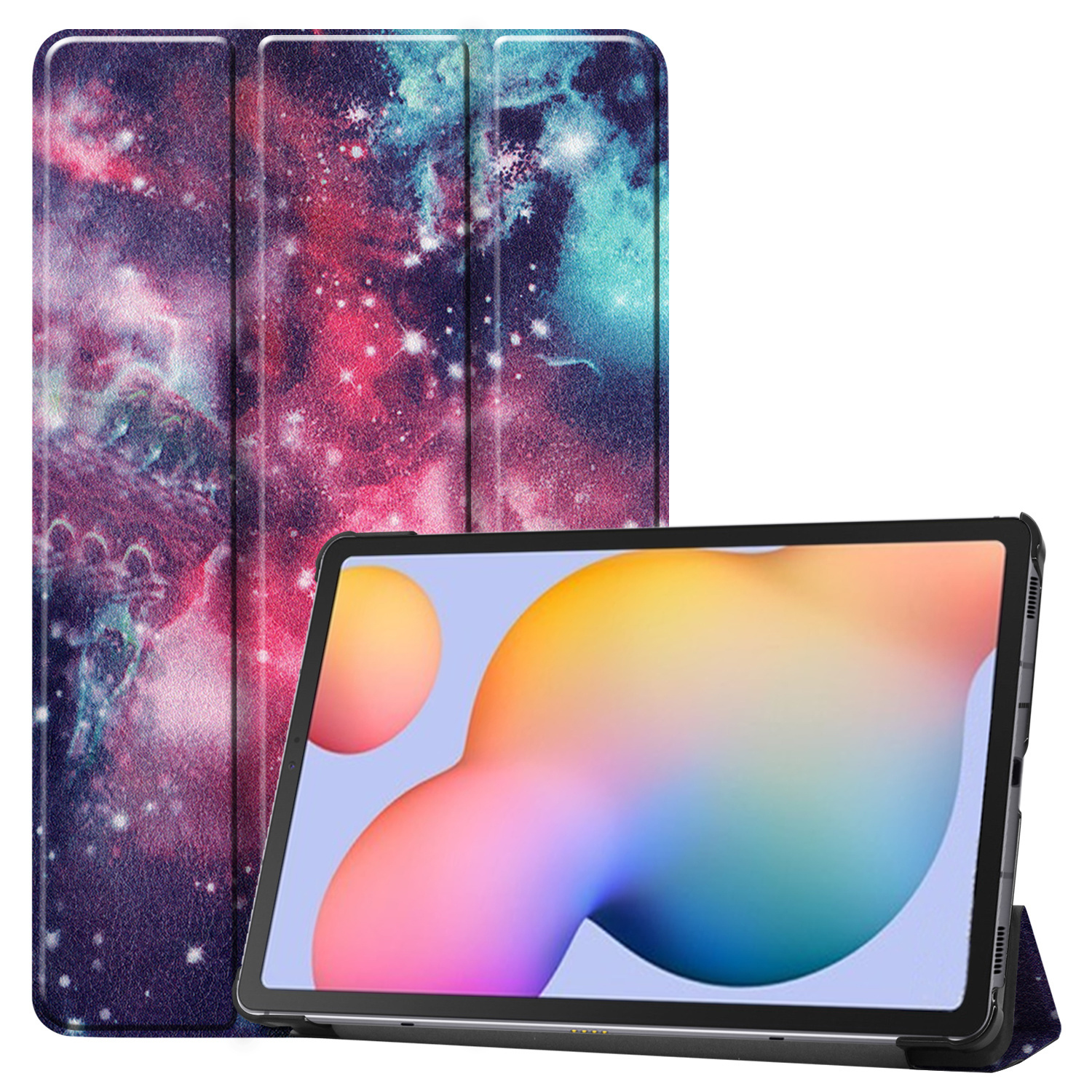 Tablet met een kleurrijke case. Case is open. Tablet is zichtbaar. Tekst over de case.