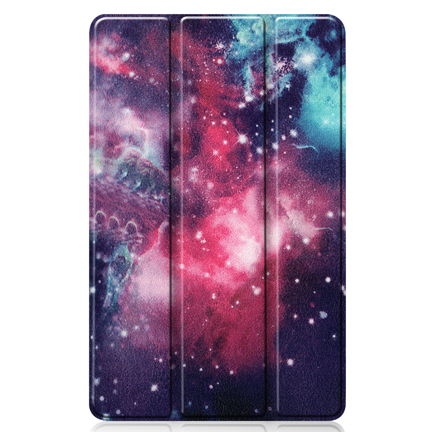 Tablethoes met galaxy-ontwerp. De hoes is paars en rood met witte sterren.