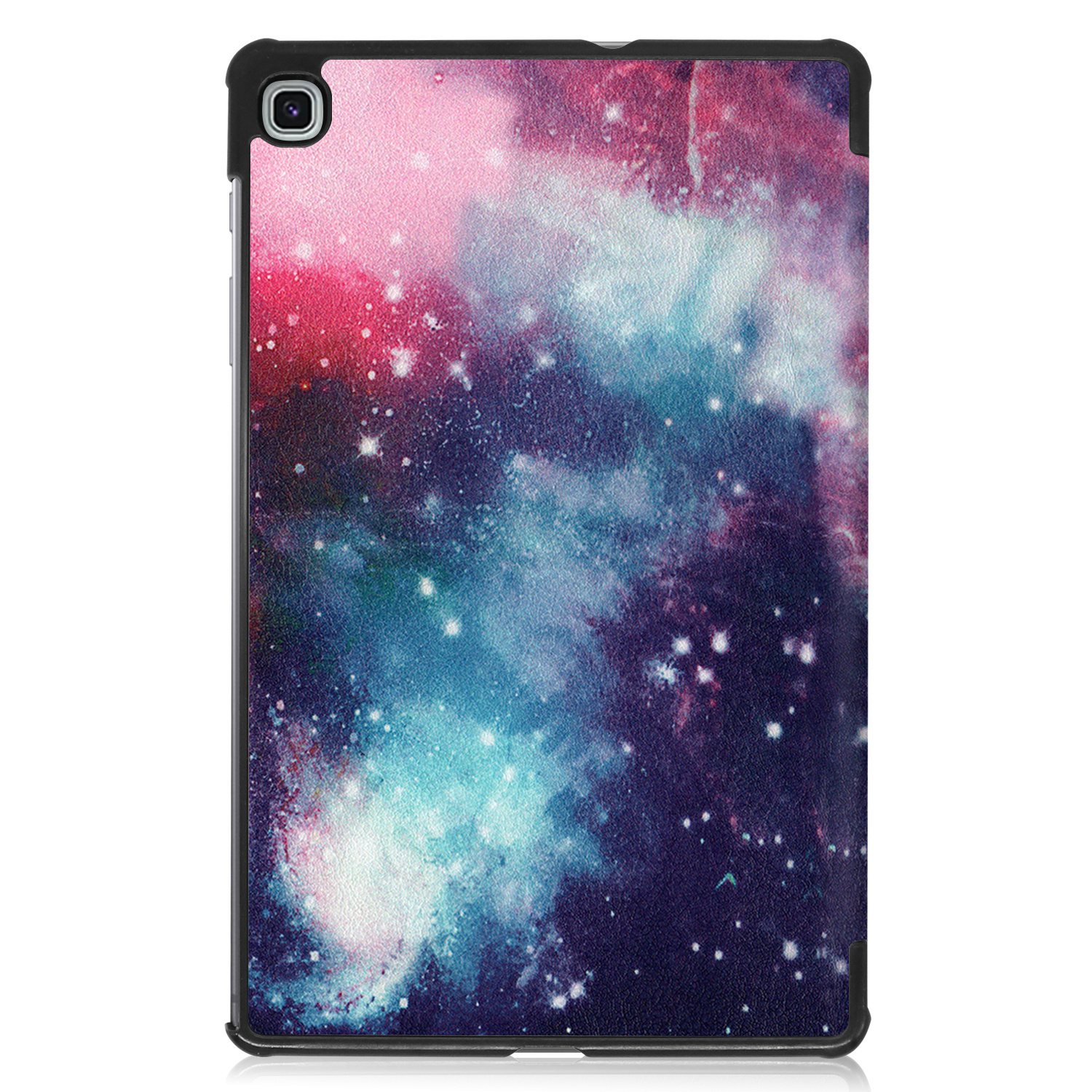 Tablethoes met een kleurrijk galaxy-ontwerp, met sterren en kosmisch stof.