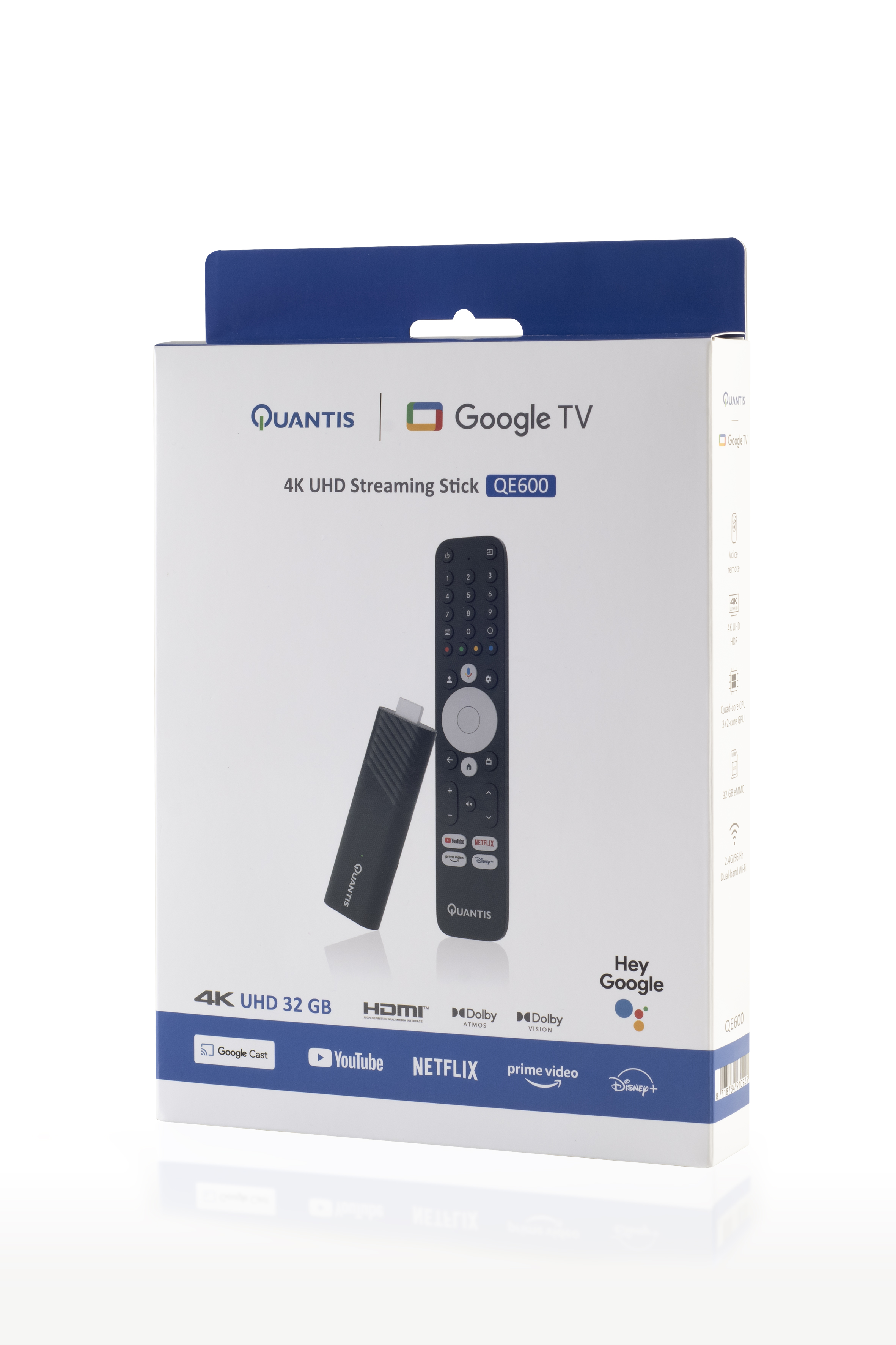 Box with a streaming stick and remote. Text says 4K UHD Streaming Stick. White background.