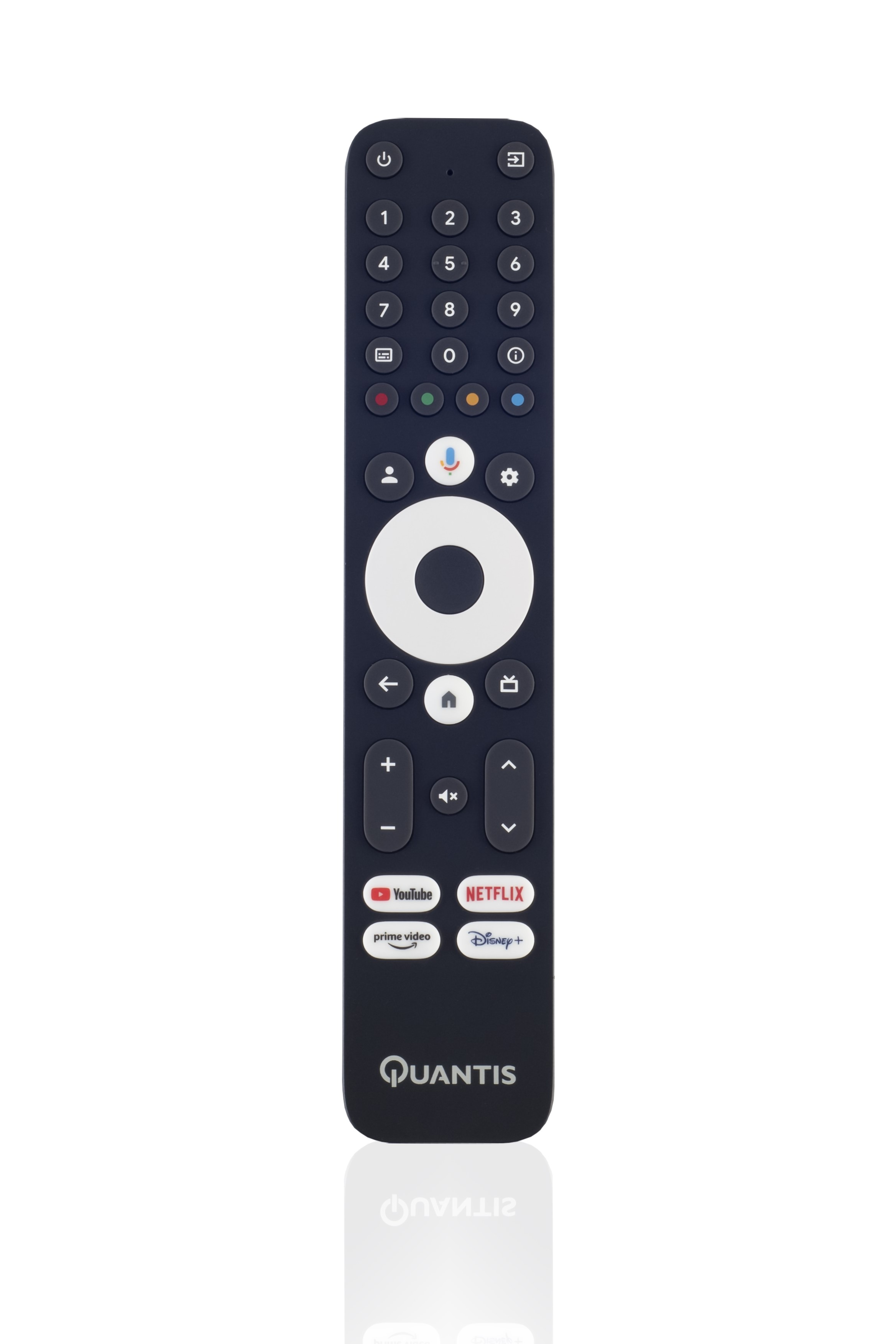 Black remote control. It has a circular directional pad, a microphone button, and other buttons.