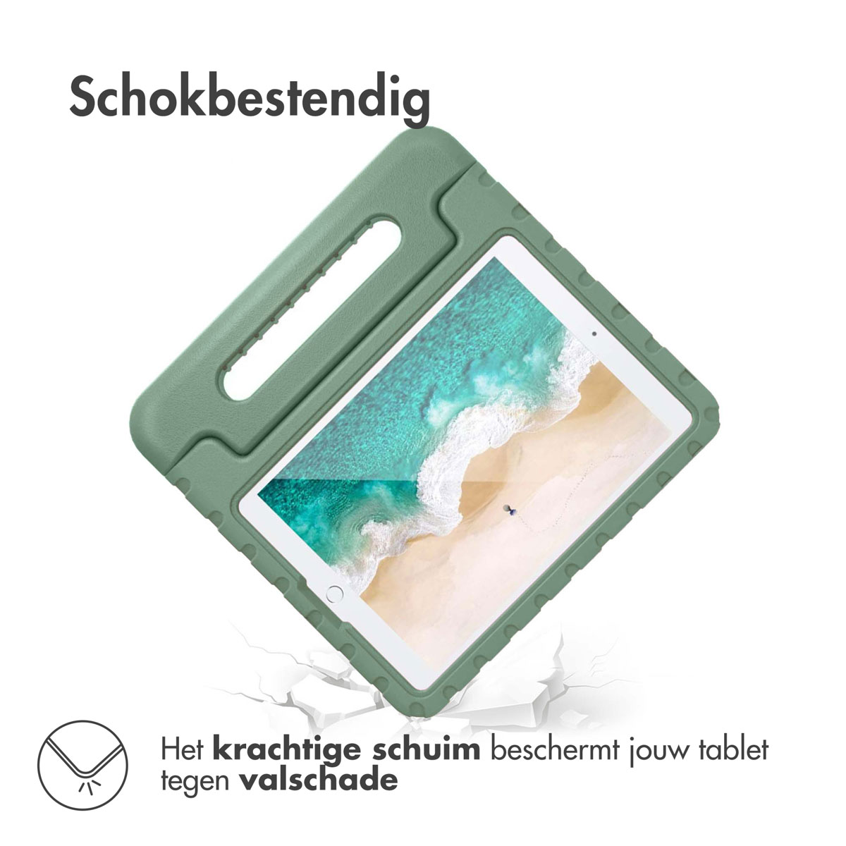 Green protective tablet case with a white tablet inside. Cracked floor.