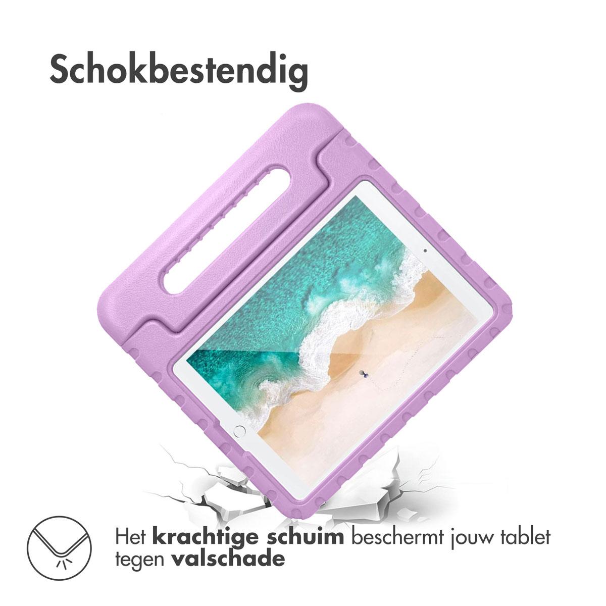 A purple tablet in a protective case, lying on cracked concrete with text above.