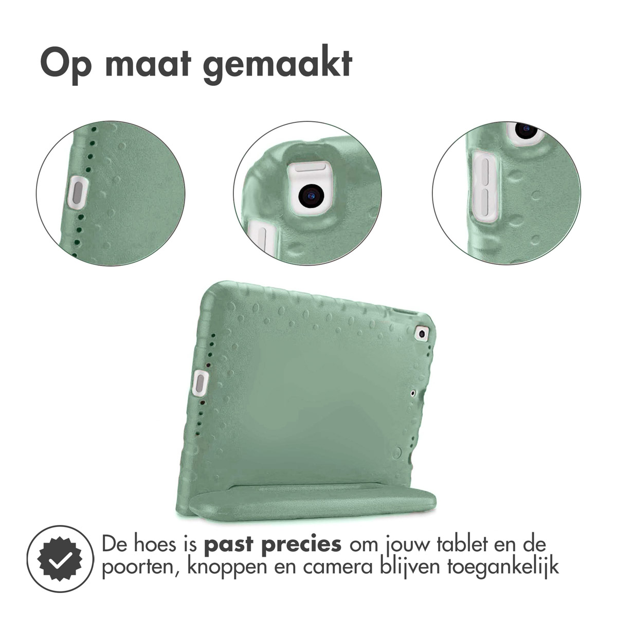Green tablet case with cutouts. Text: Precise fit, ports, buttons, and camera remain accessible.
