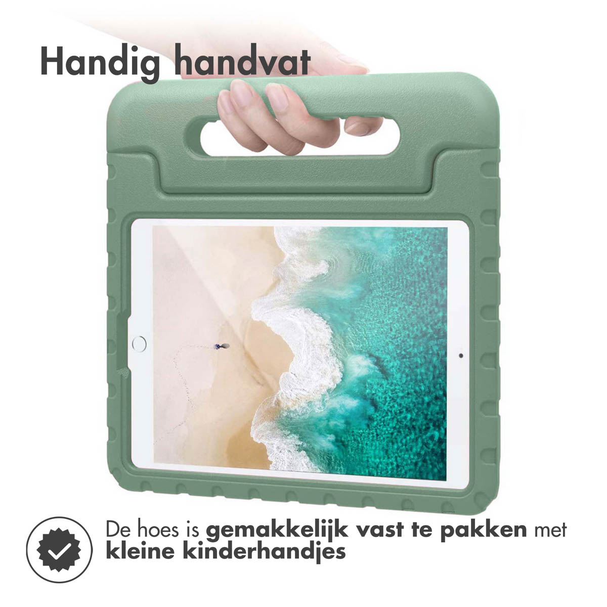 Tablet in a green case, held by a hand, with text.