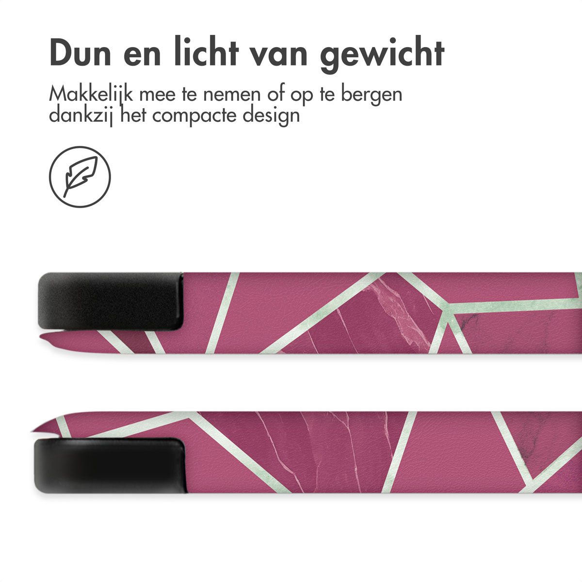 Close-up of the end of a device, with a pink geometric design and text.