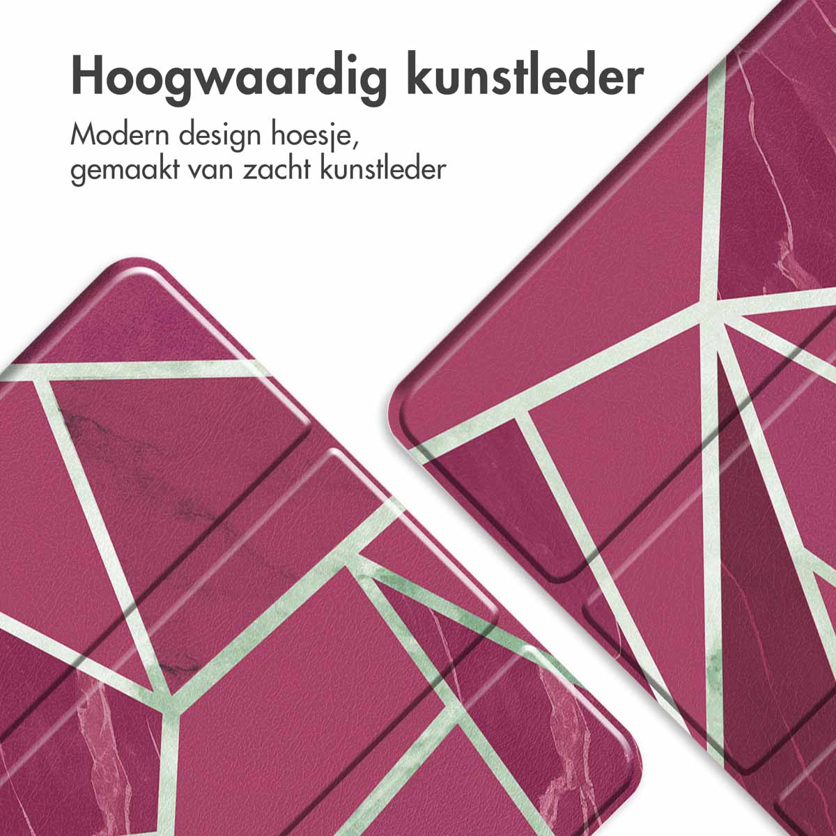 Close-up of a tablet case, showing a marble design with pink and white geometric shapes.