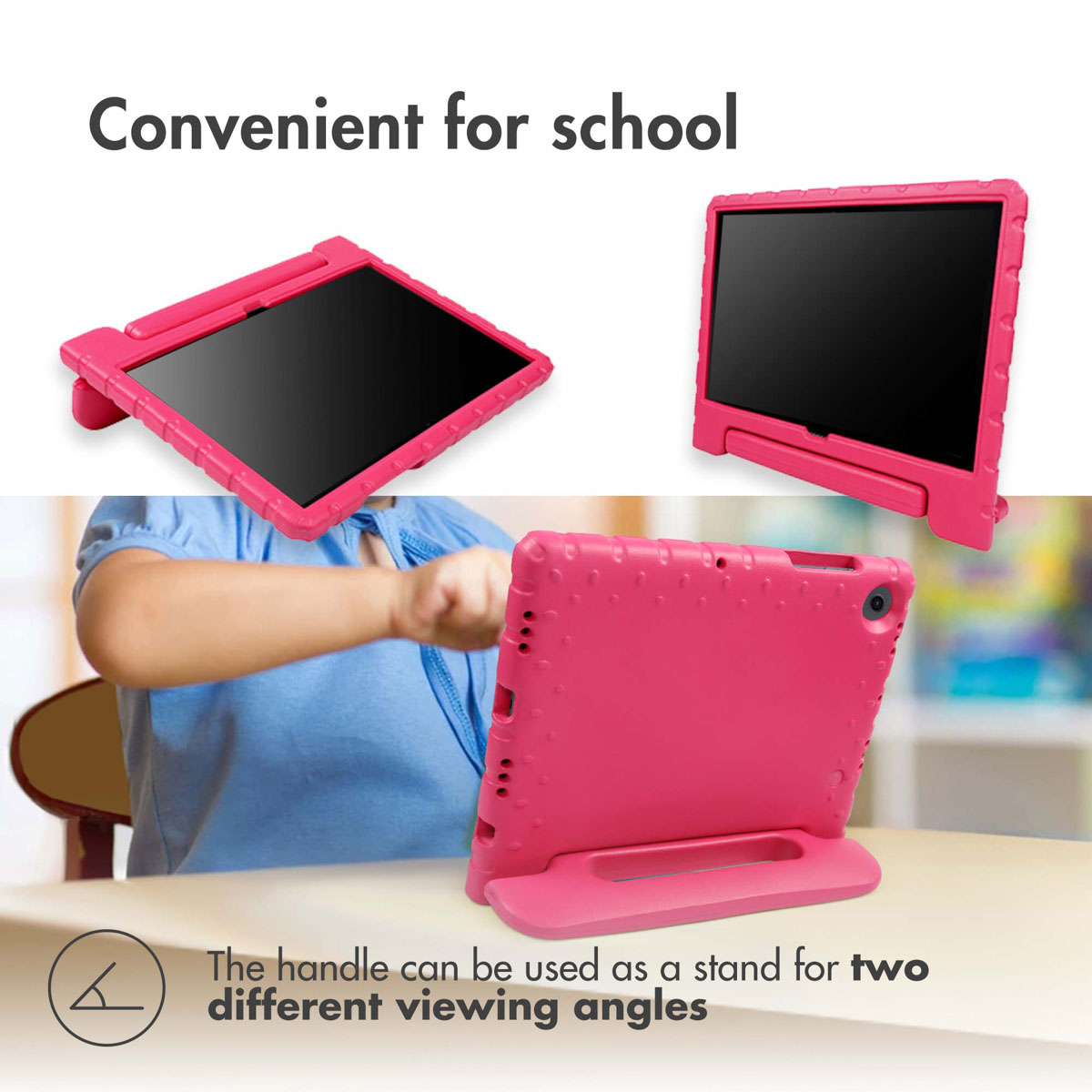 Étui de tablette rose avec support, offrant deux angles de vision, avec la tablette à l'intérieur.