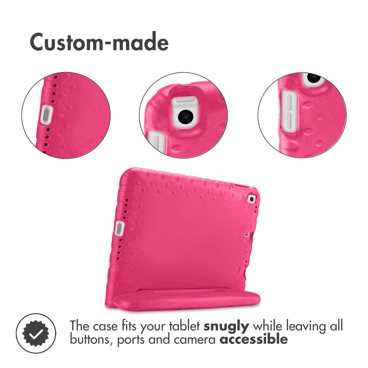 Étui de tablette rose avec trois gros plans et texte : sur mesure, ajustement parfait.