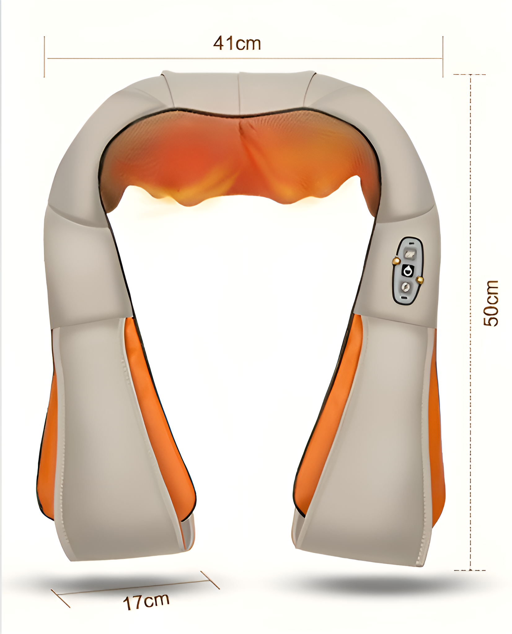 Nackenmassagegerät in Beige und Orange. Zeigt Abmessungen: 41 cm breit, 50 cm hoch, 17 cm tief, mit Knöpfen.