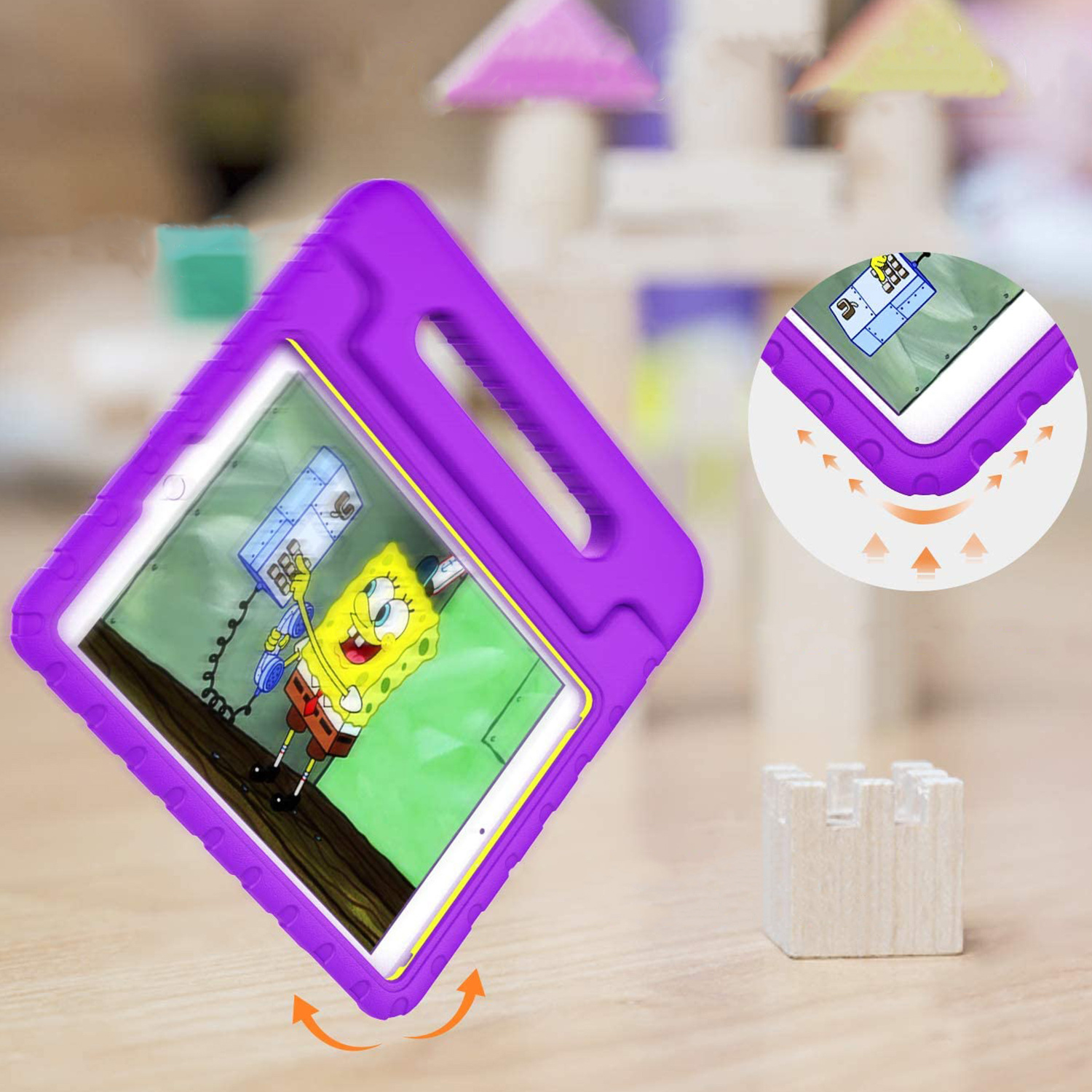 Paarse iPad-hoes met SpongeBob SquarePants. De hoes ligt op een houten blok.