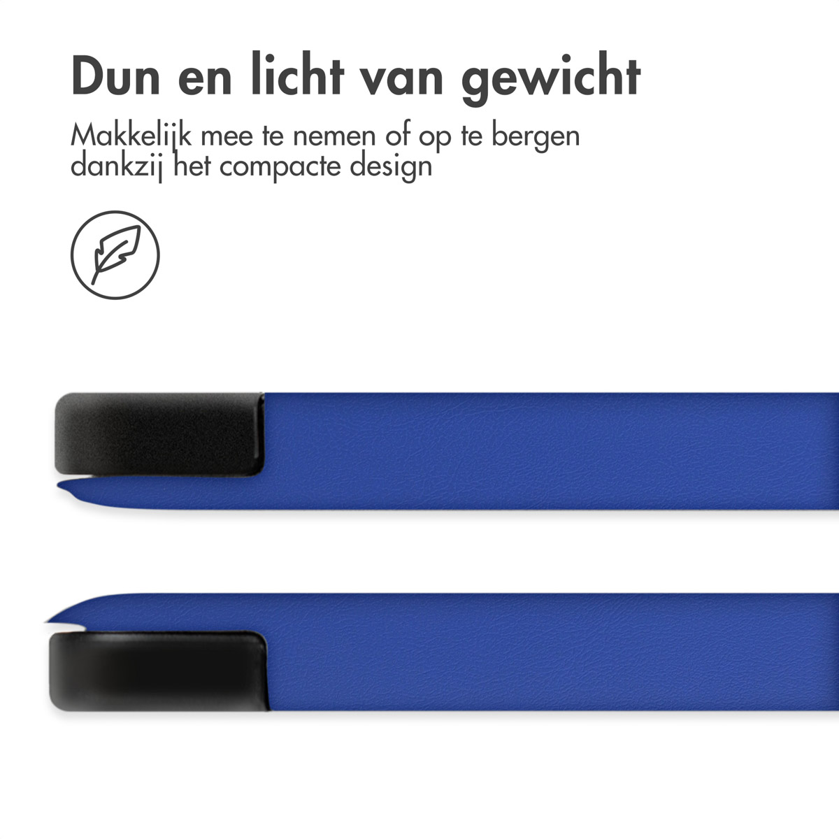 Close-up van een blauwe telefoonhoes die het dunne en lichte ontwerp laat zien. Tekst: dun en licht.