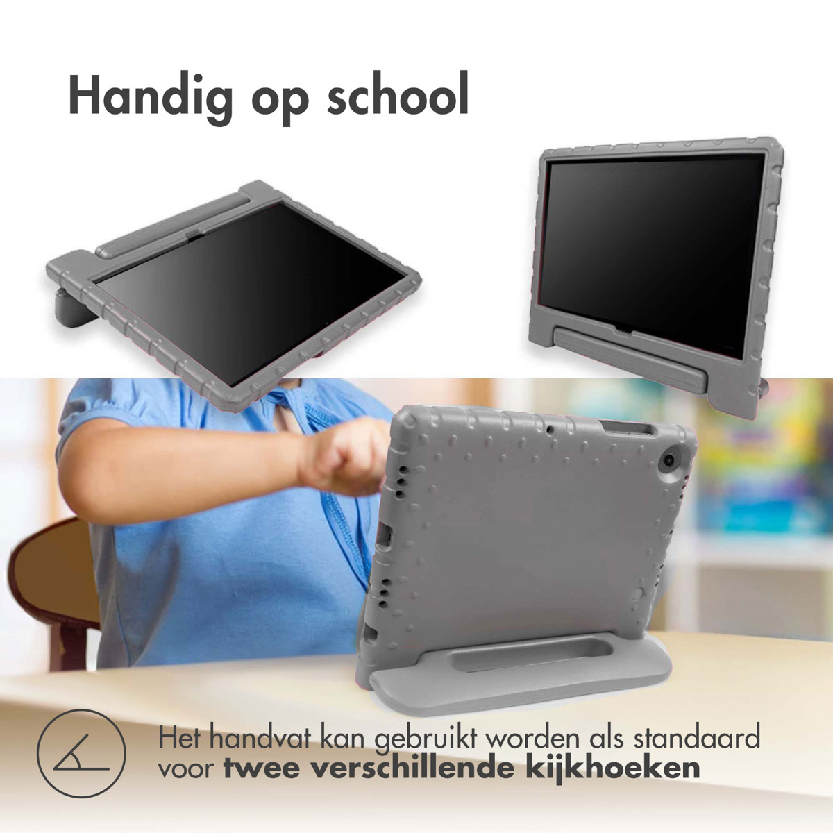 Een tablet in een grijze hoes, met teksten: handig op school, twee kijkhoeken.