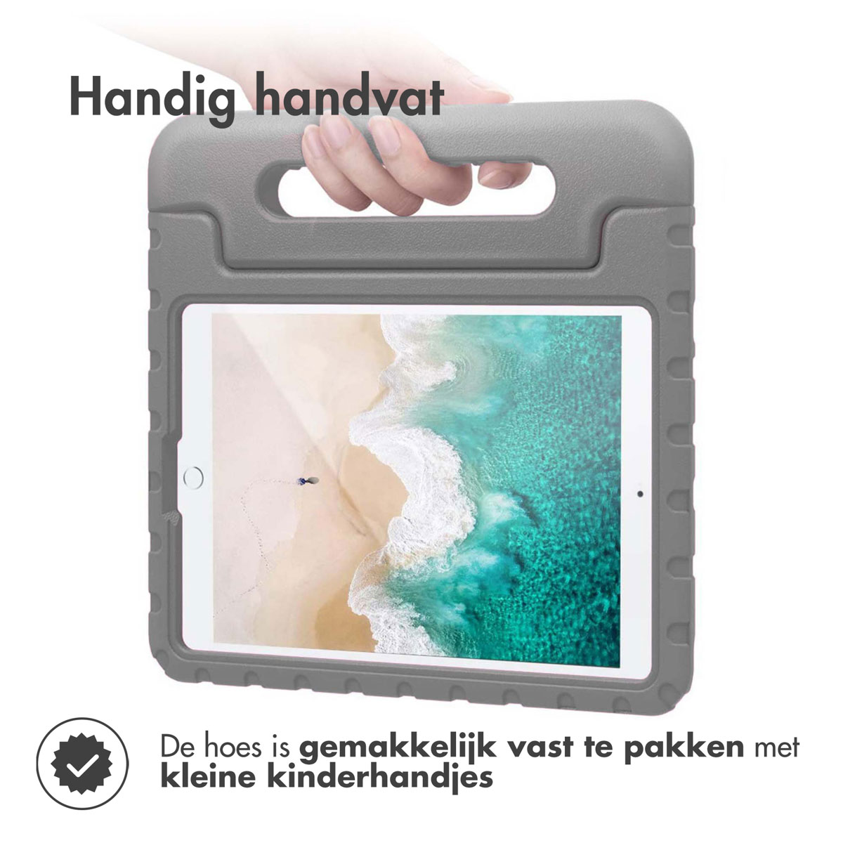 Grijze tablethoes met handvat, met tablet erin, gemakkelijk vast te houden voor kinderen.
