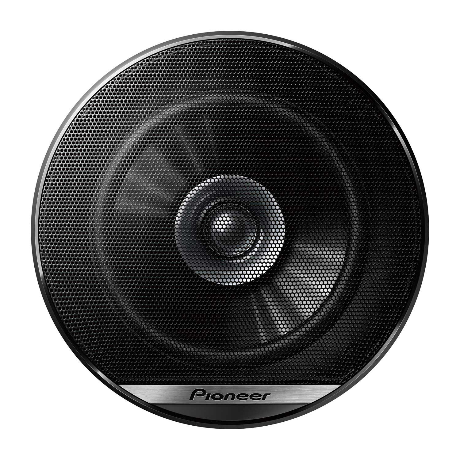 Altavoz circular negro con cubierta de malla metálica y logotipo plateado de Pioneer en la parte inferior.