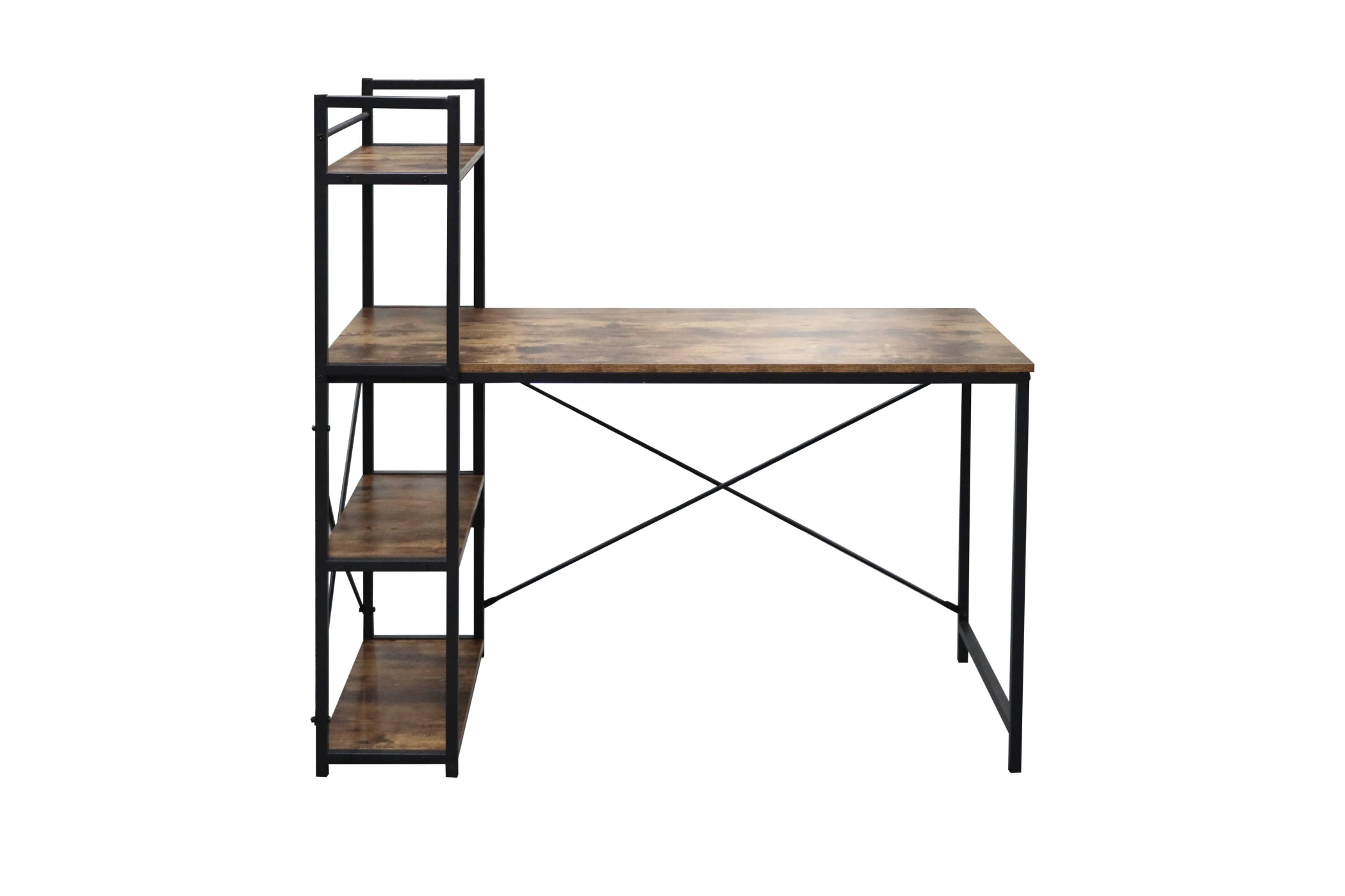 Ein Holzschreibtisch mit schwarzem Metallrahmen und seitlichen Regalen. Der Schreibtisch ist leer.