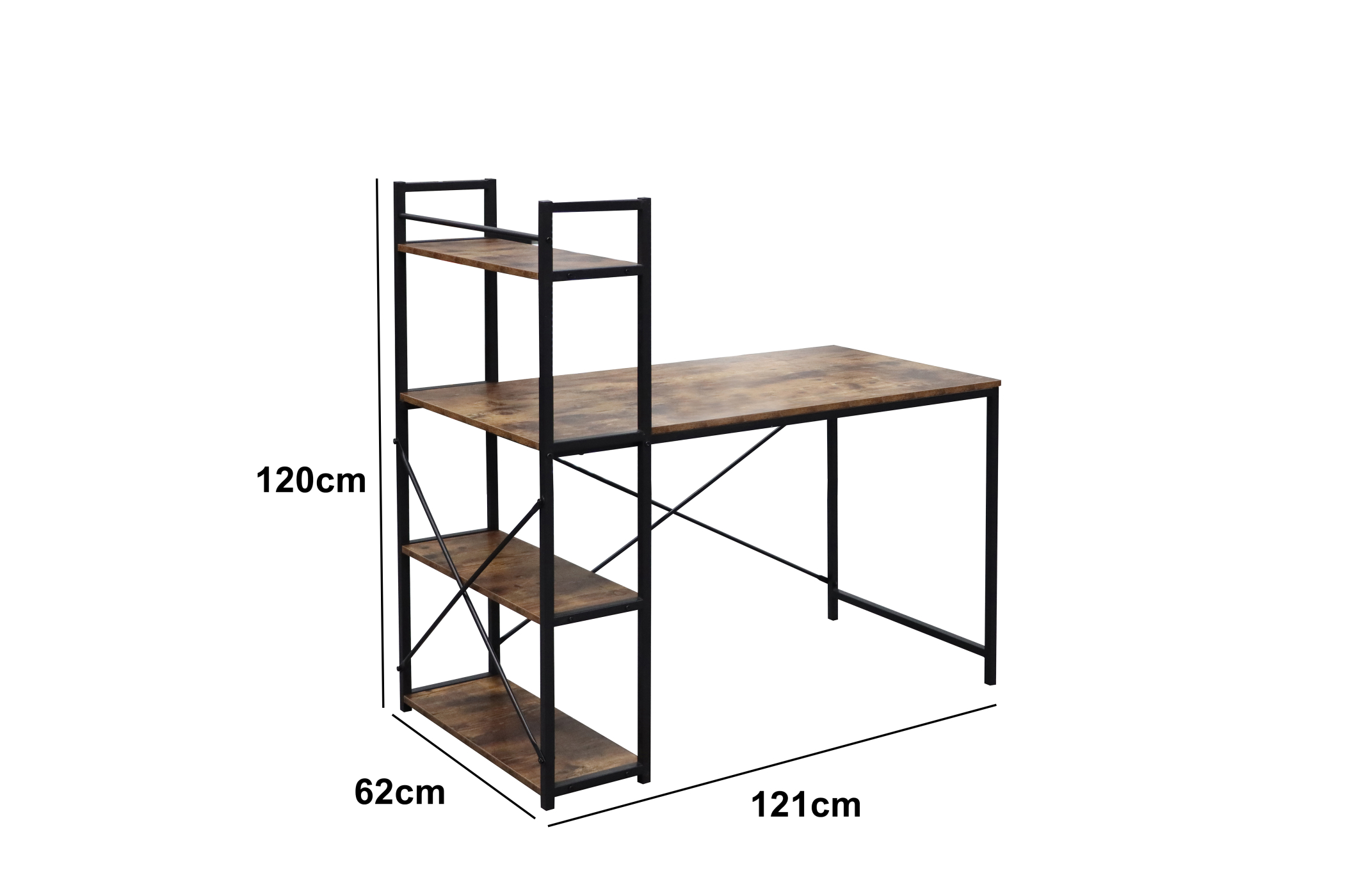 Schreibtisch mit holzähnlicher Oberfläche und schwarzem Rahmen. Abmessungen sind sichtbar. Weißer Hintergrund.