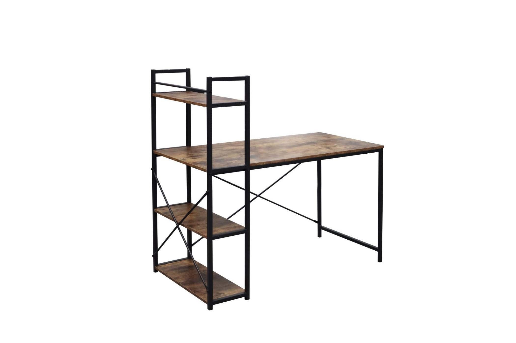 Holzschreibtisch mit schwarzem Metallrahmen und einem Regal auf der linken Seite. Weißer Hintergrund.