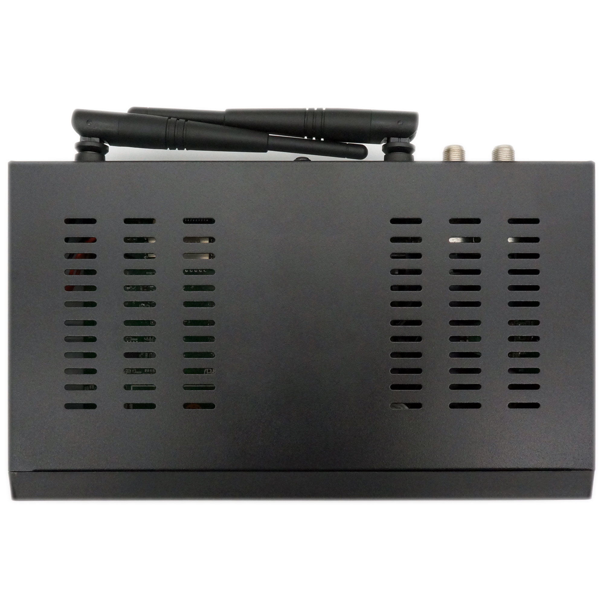 Ein schwarzes elektronisches Gerät mit Antennen und Lüftungslöchern auf der Rückseite.