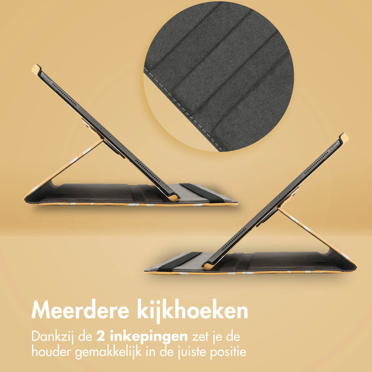 Deux tablettes dans un étui jaune, en angle. Un détail circulaire montre le matériau intérieur de l'étui avec des coutures.