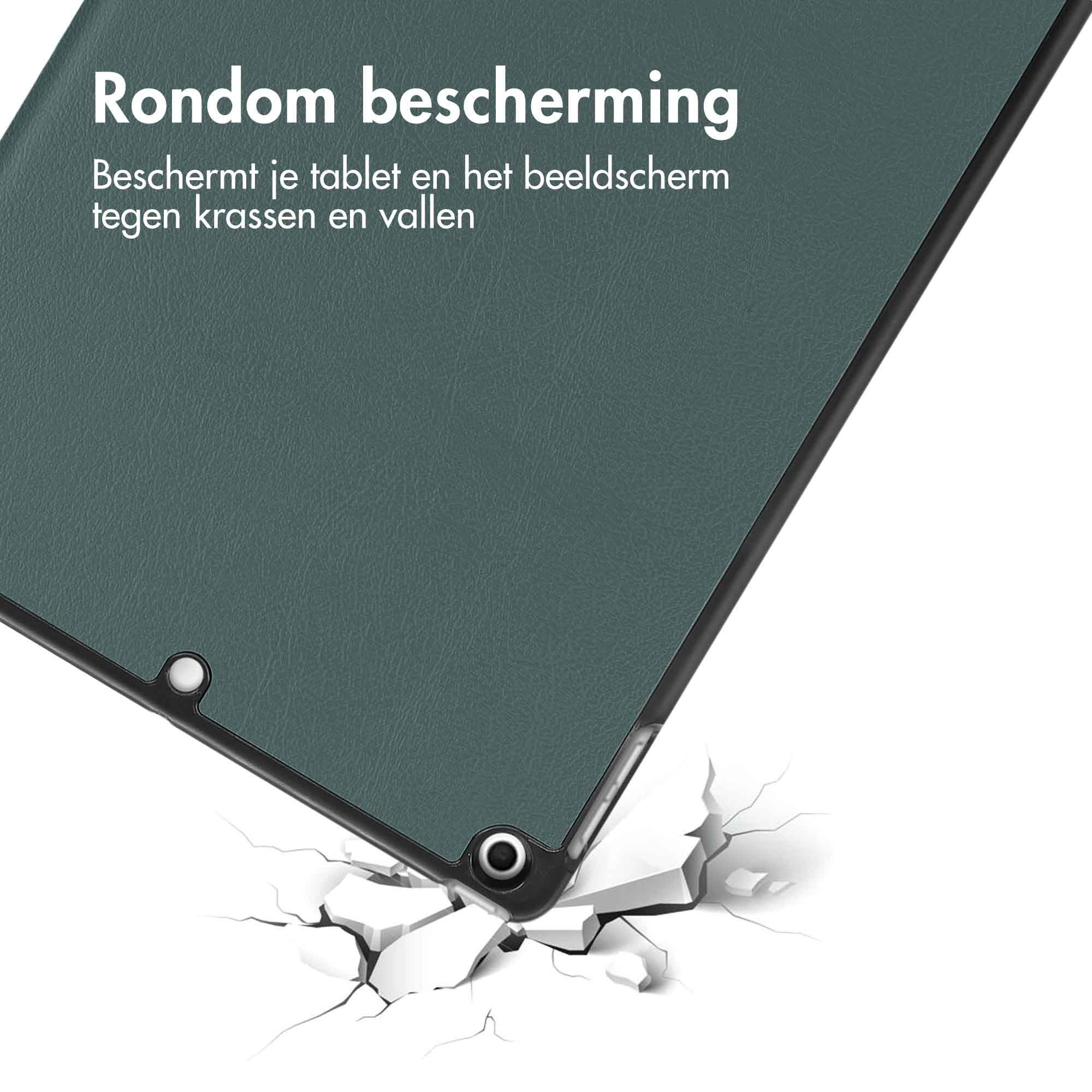 Tablet cover, green, with text. Tablet is protected from scratches. White background with cracks.
