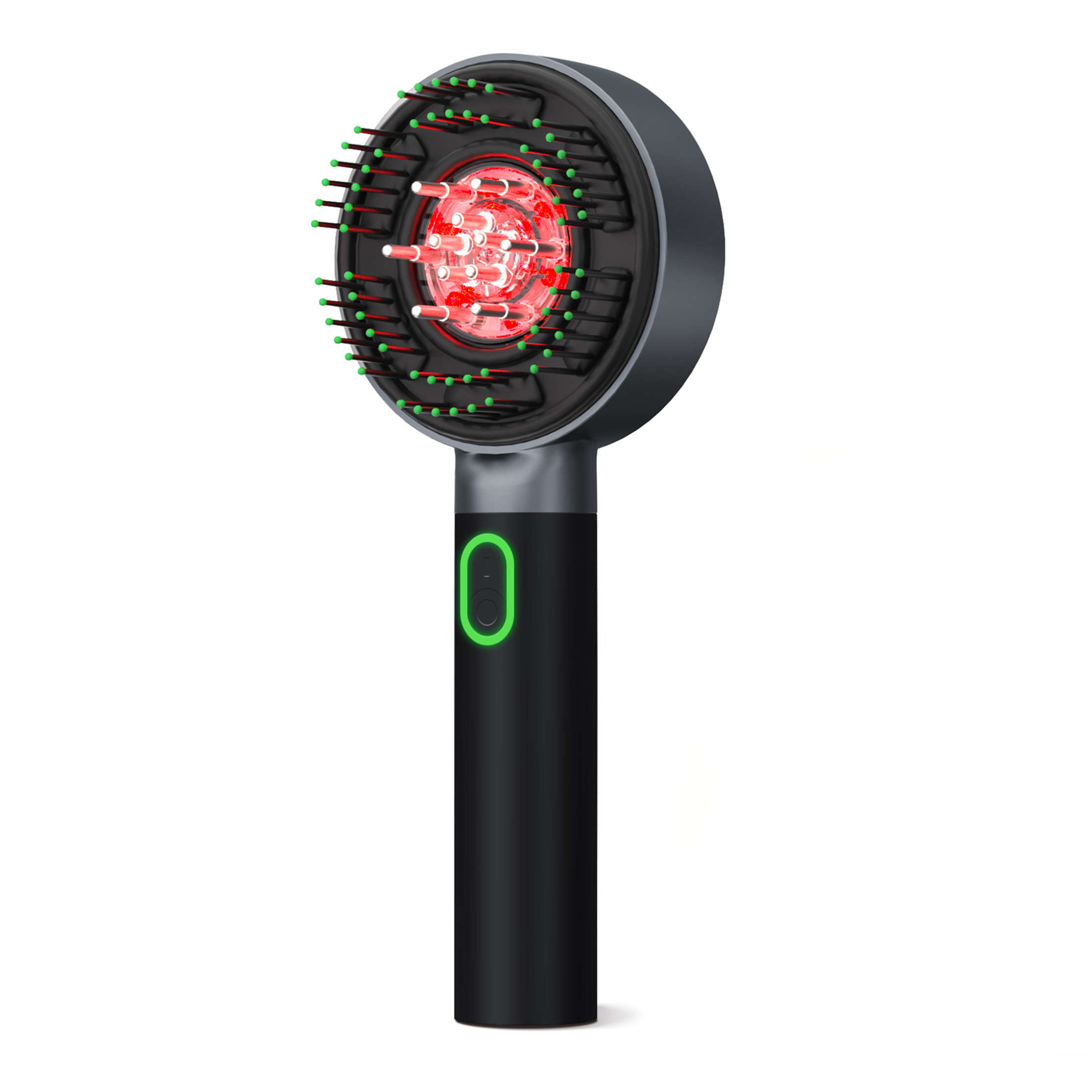 Dispositivo nero per la crescita dei capelli con luci rosse e verdi, e manico nero.
