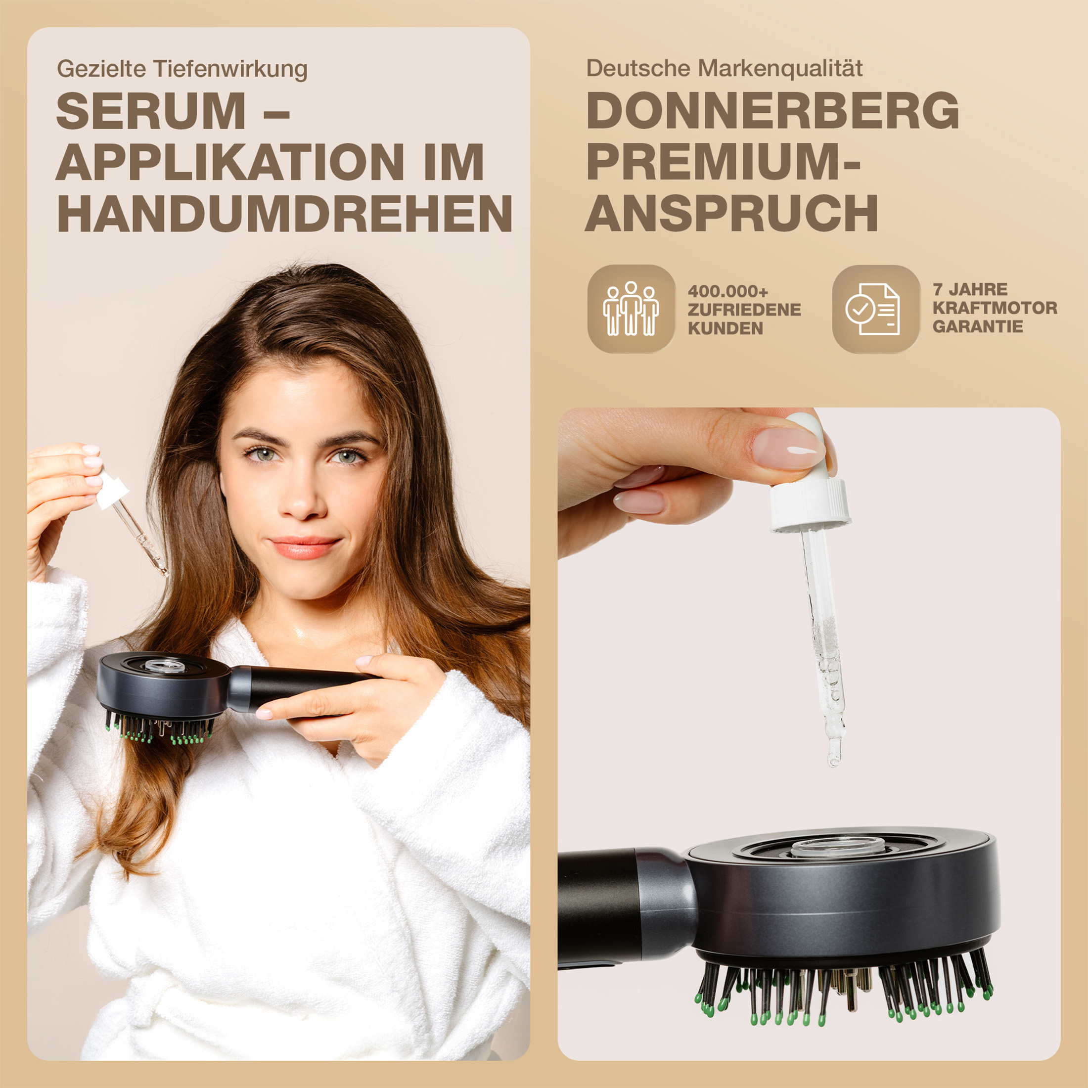 Una donna applica il siero con un contagocce sui capelli mentre tiene una spazzola.