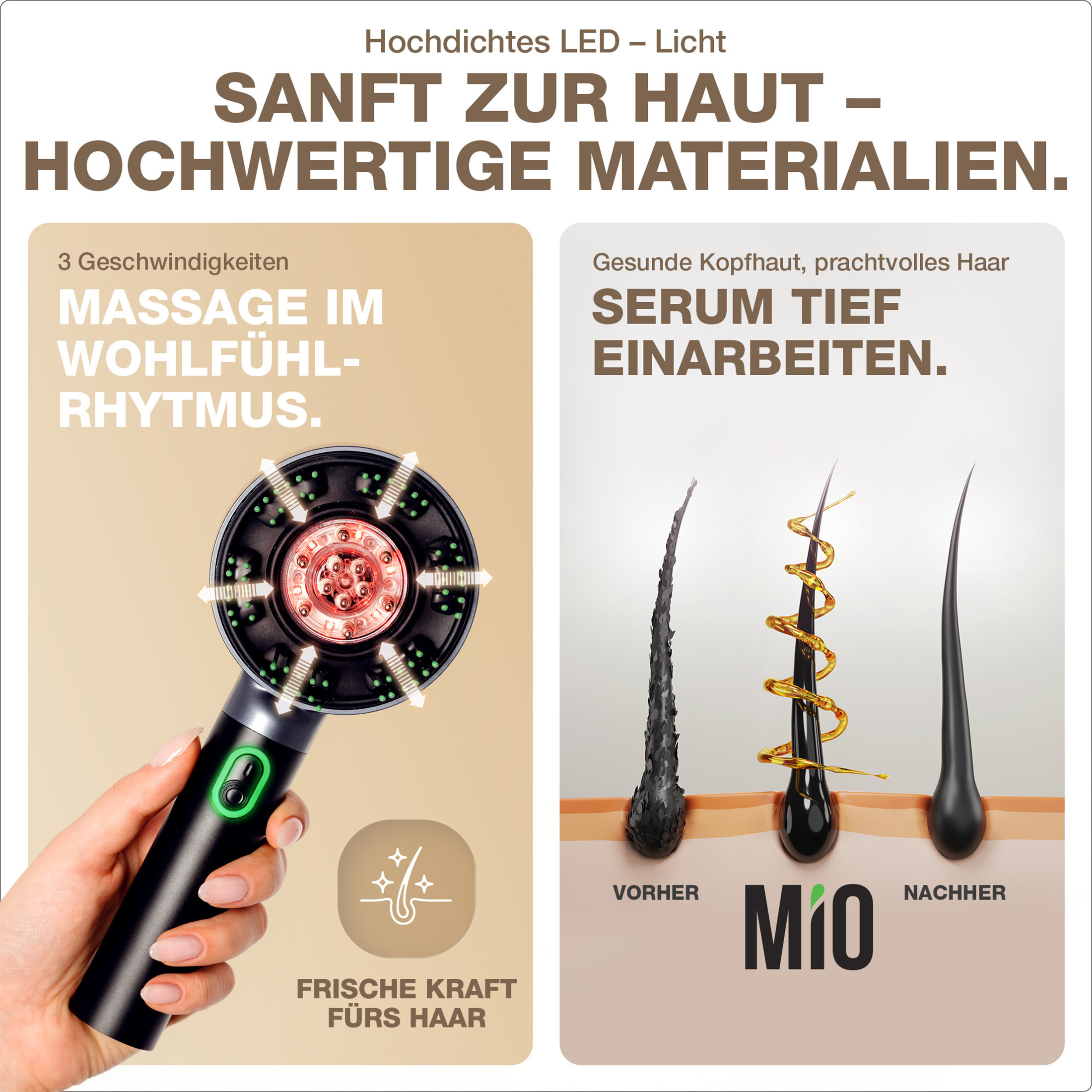 Immagine mostra una mano che tiene un dispositivo per la terapia dei capelli, con campioni di capelli.