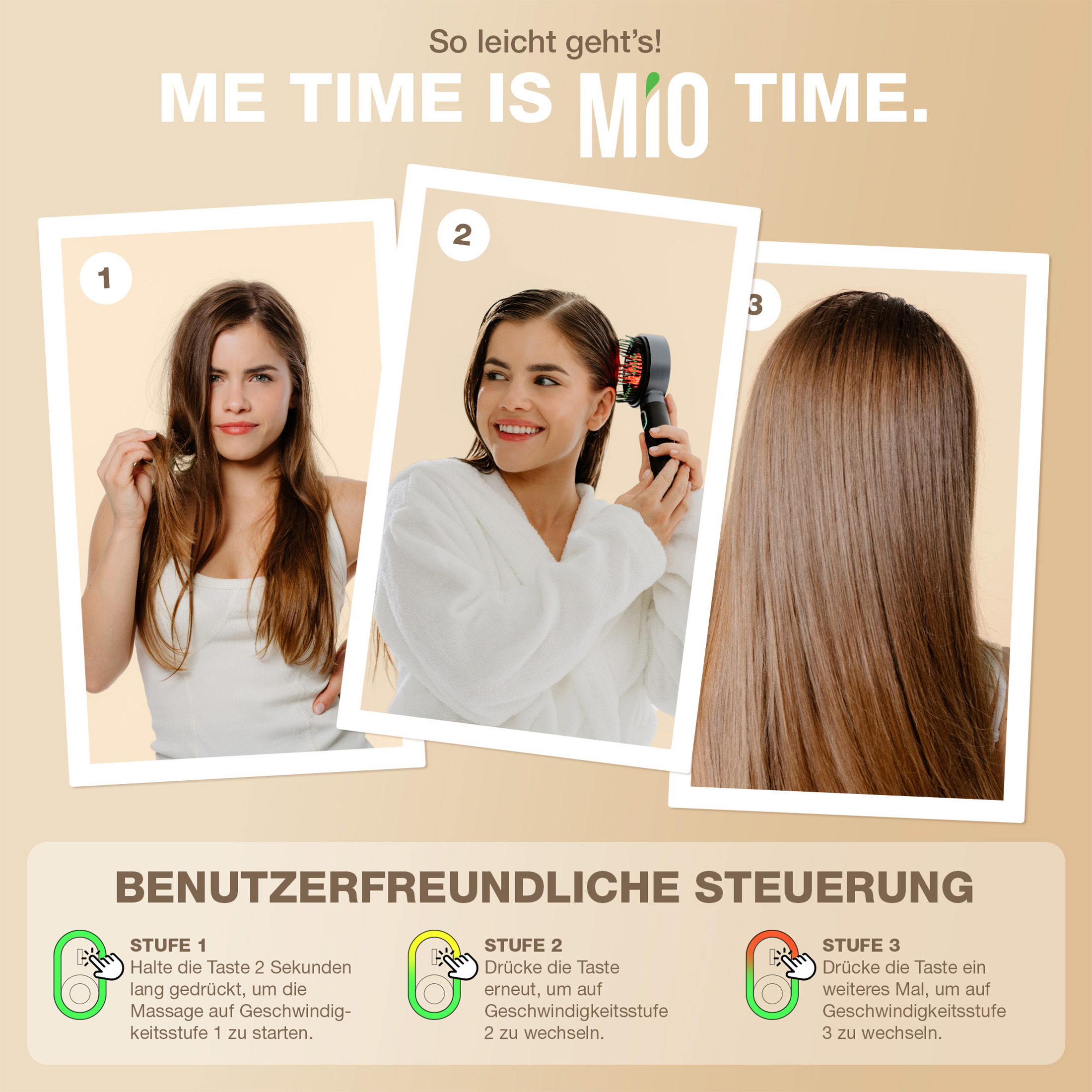 Tre immagini mostrano una donna che si spazzola i capelli con una spazzola in diverse fasi.