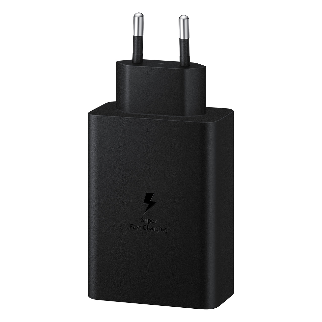 Black Samsung charger with a lightning bolt symbol indicating fast charging.