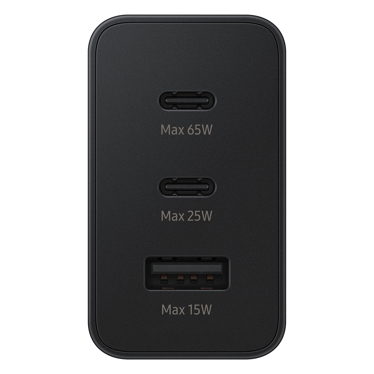 Black power adapter with three USB ports labeled with power outputs: 65W, 25W, and 15W.