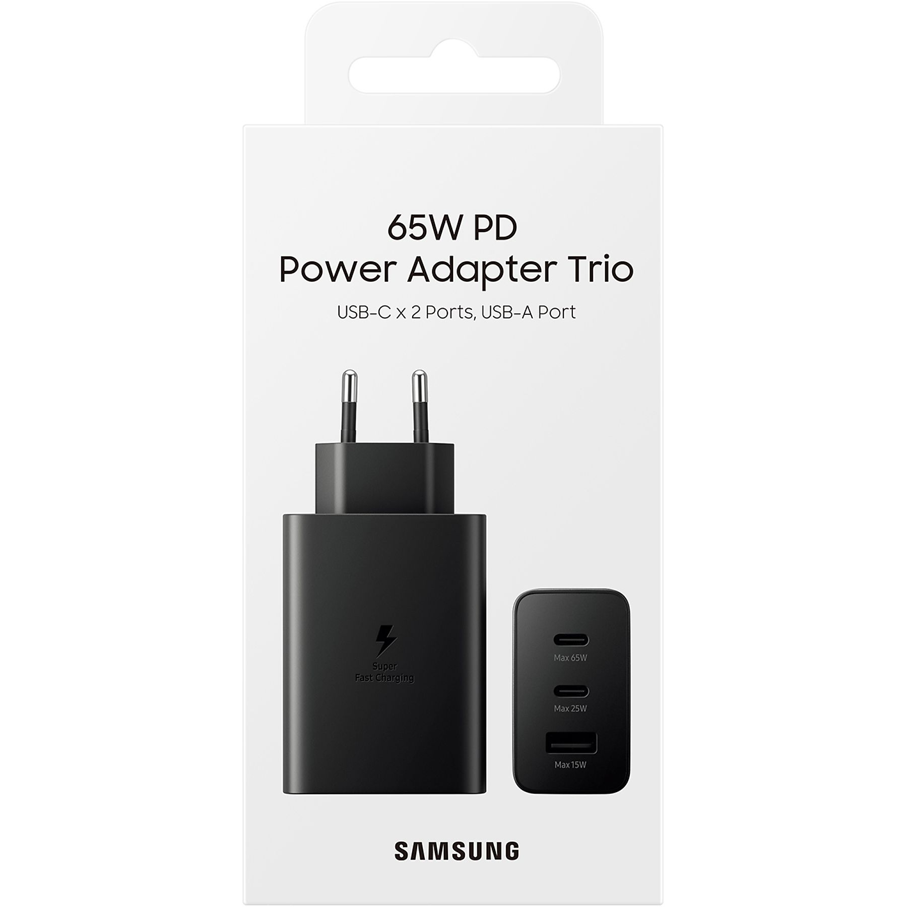 Black 65W PD Power Adapter Trio in packaging. White background.