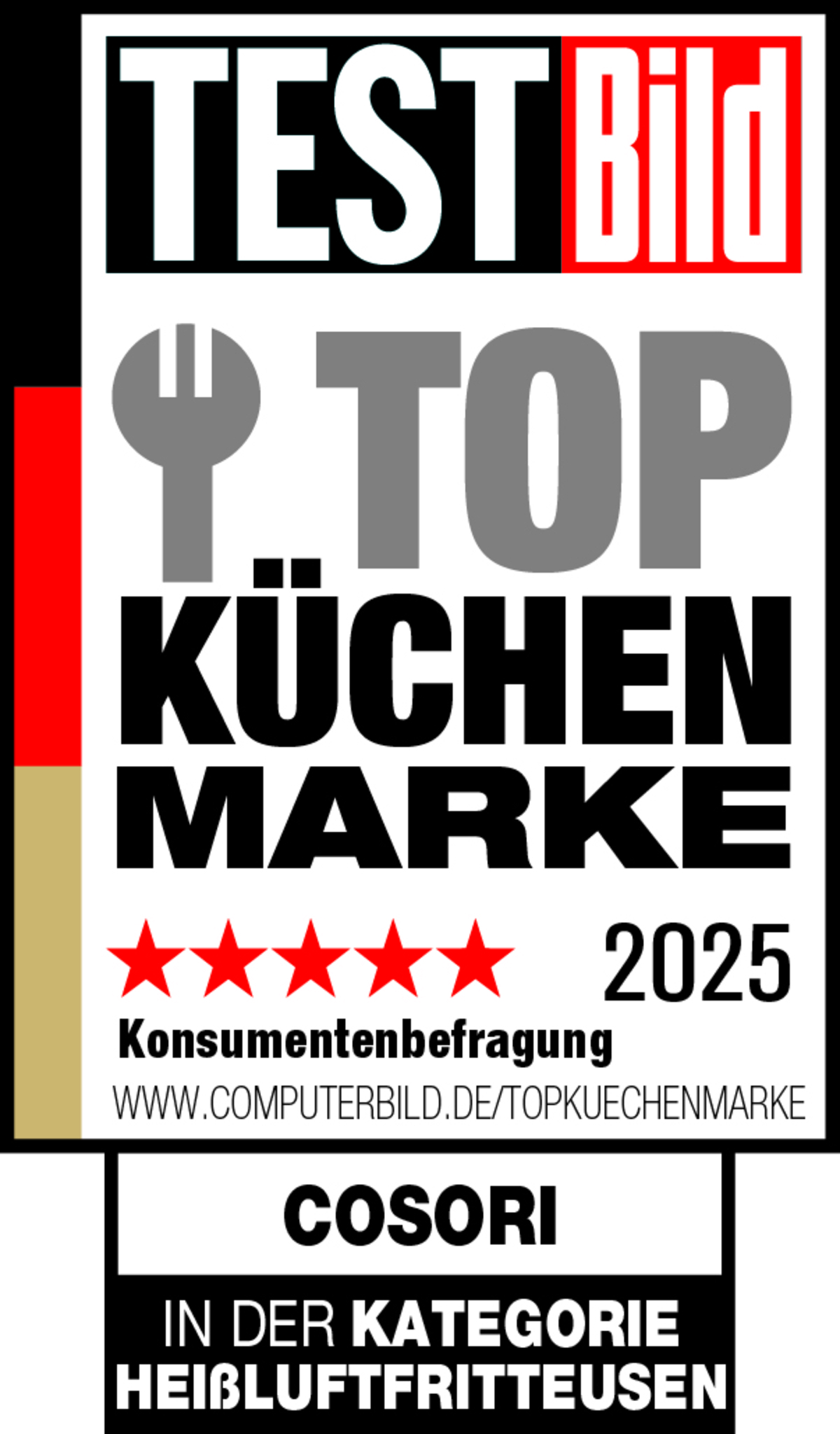 Certificato di premio per 'Top Kitchen Brand 2025' con cinque stelle e logo 'Cosori'.