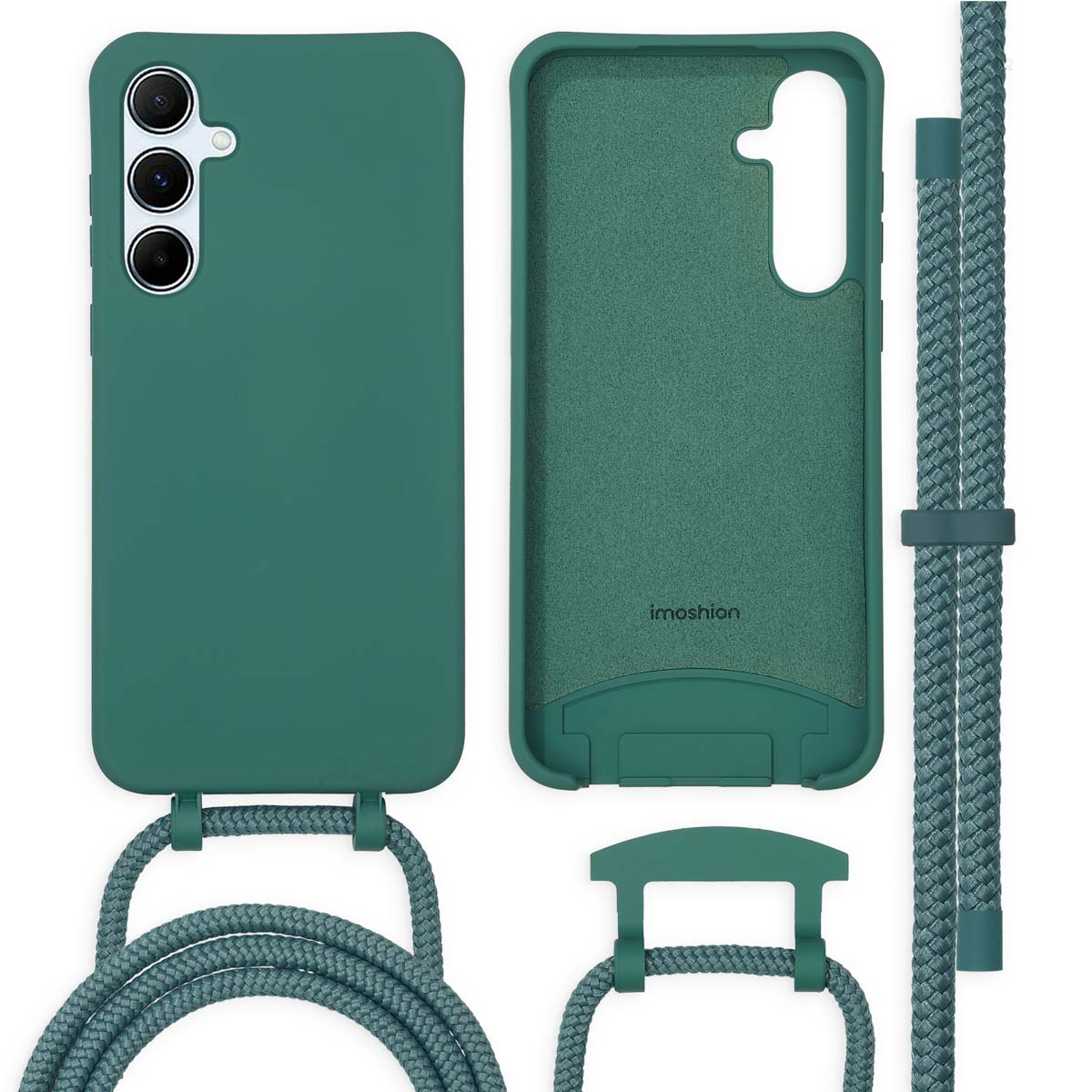 Groene telefoonhoes met een koord, met een telefoonhoesje en een los koord.