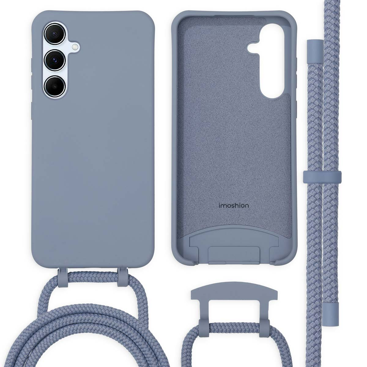 Grijze telefoonhoes set met een koord. Hoes en koord in aparte stukken tegen een witte achtergrond.