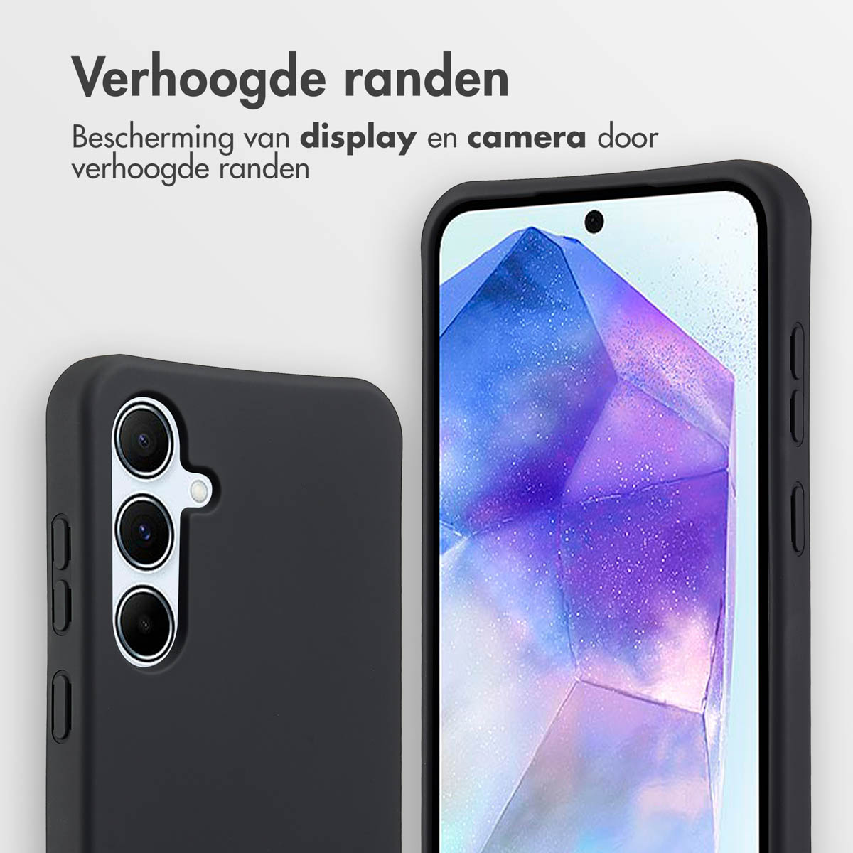 Zwarte telefoonhoes met een scherm. Het scherm toont een paarse en witte achtergrond.