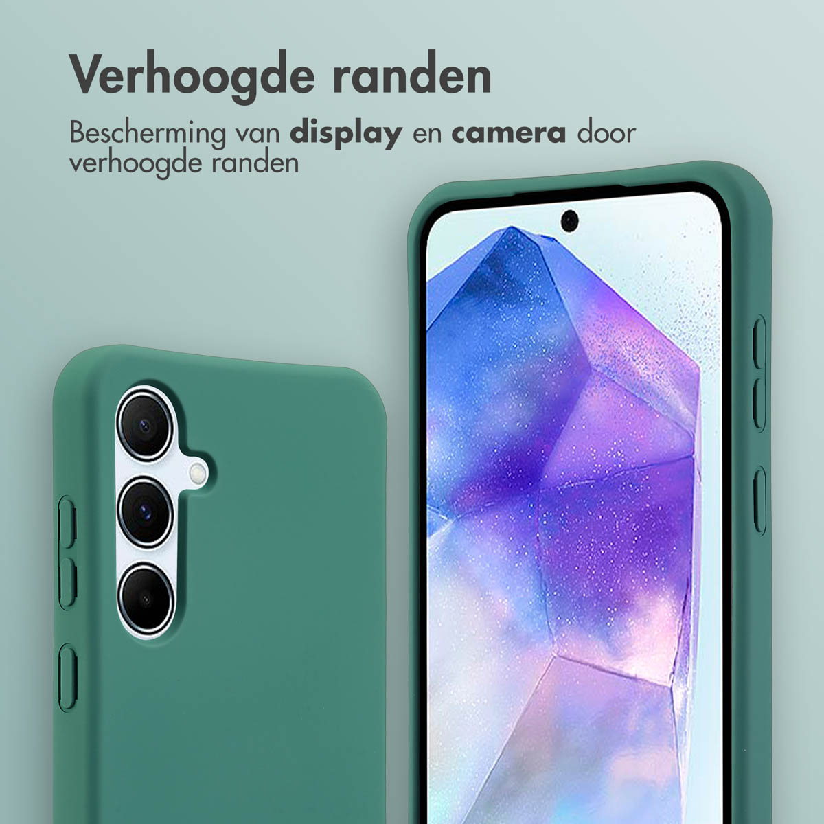 Groene telefoonhoes met een telefoon die een scherm toont. De camera van de telefoon is zichtbaar. Beschermende randen gemarkeerd.