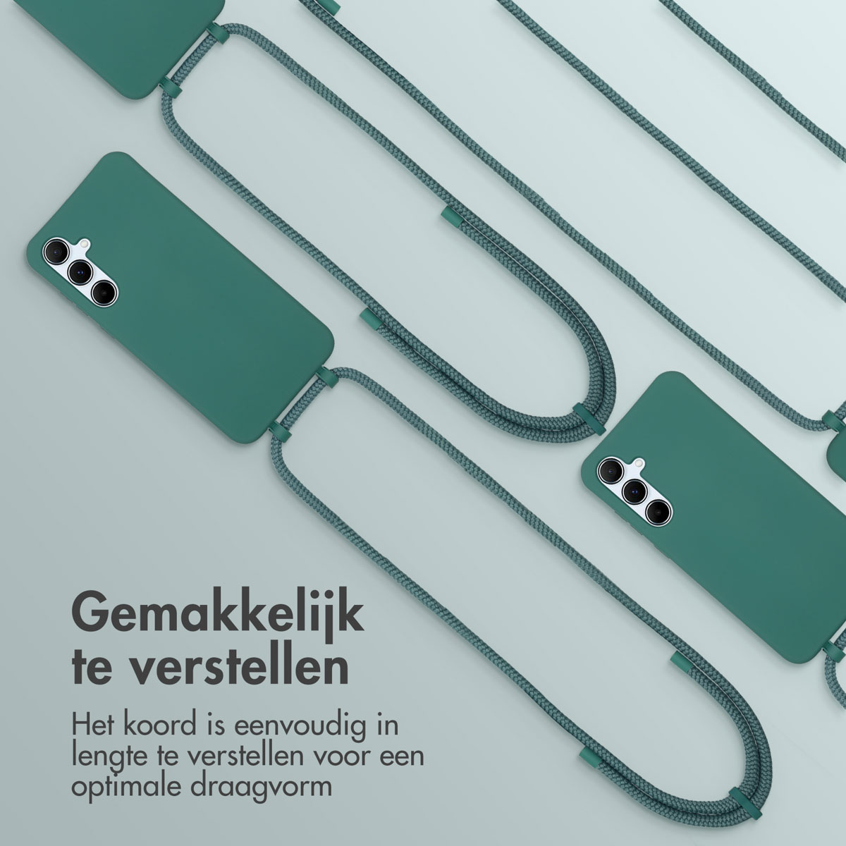 Groene telefoonhoesjes en koorden. Tekst: Gemakkelijk aan te passen. Koord voor optimaal dragen.