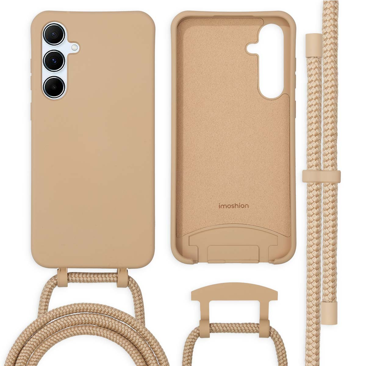 Beige telefoonhoesje met een touwriem en een telefoon.