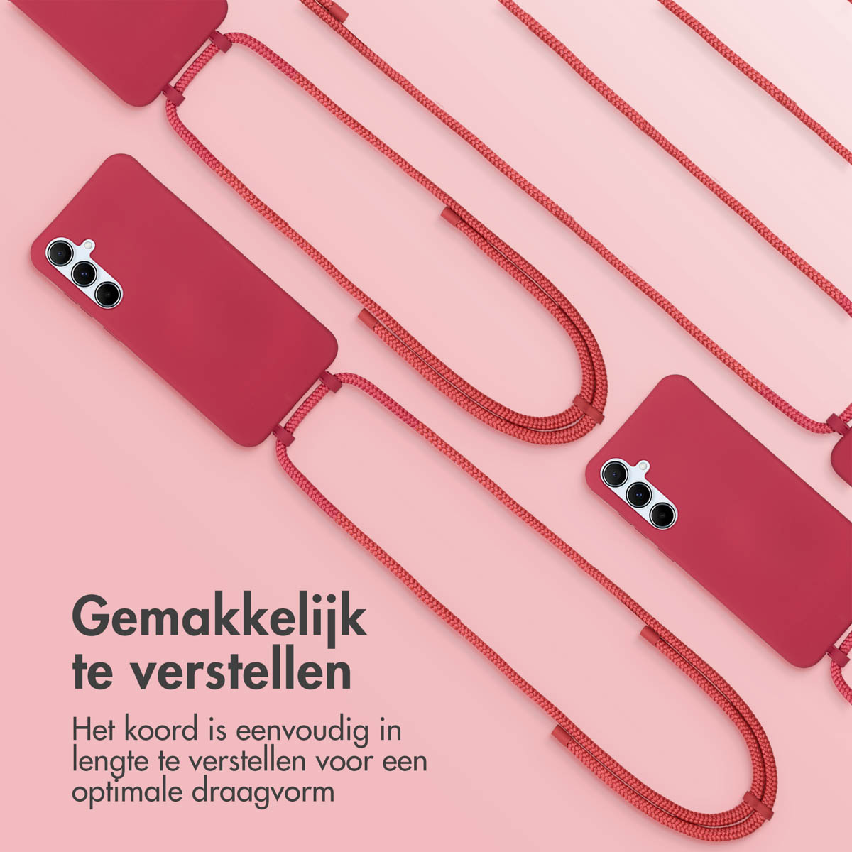 Rode telefoonhoesjes met koorden in een diagonale opstelling, met tekst in het Nederlands.