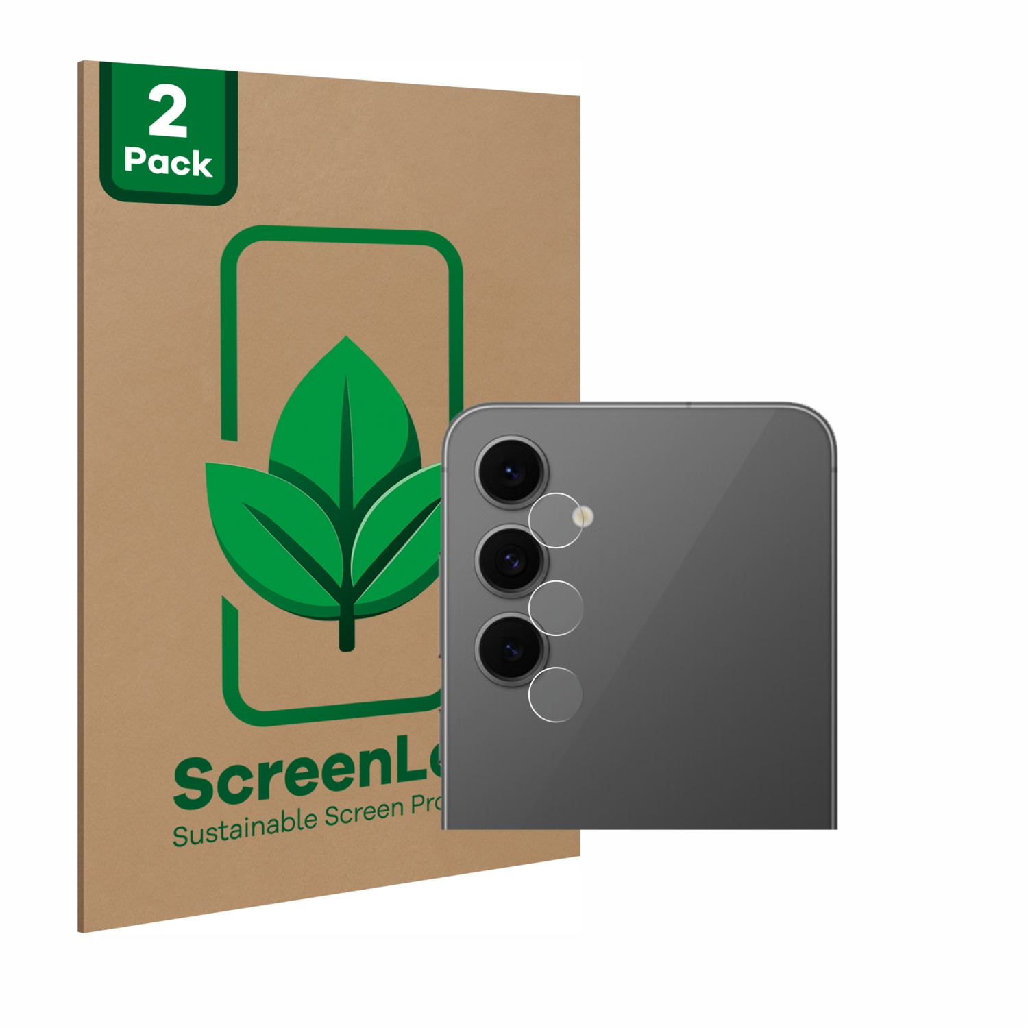 Zwei Displayschutzfolien und ein Telefon mit drei Kameras. Die Schutzfolien befinden sich auf einer braunen Verpackung. Das Telefon ist grau.