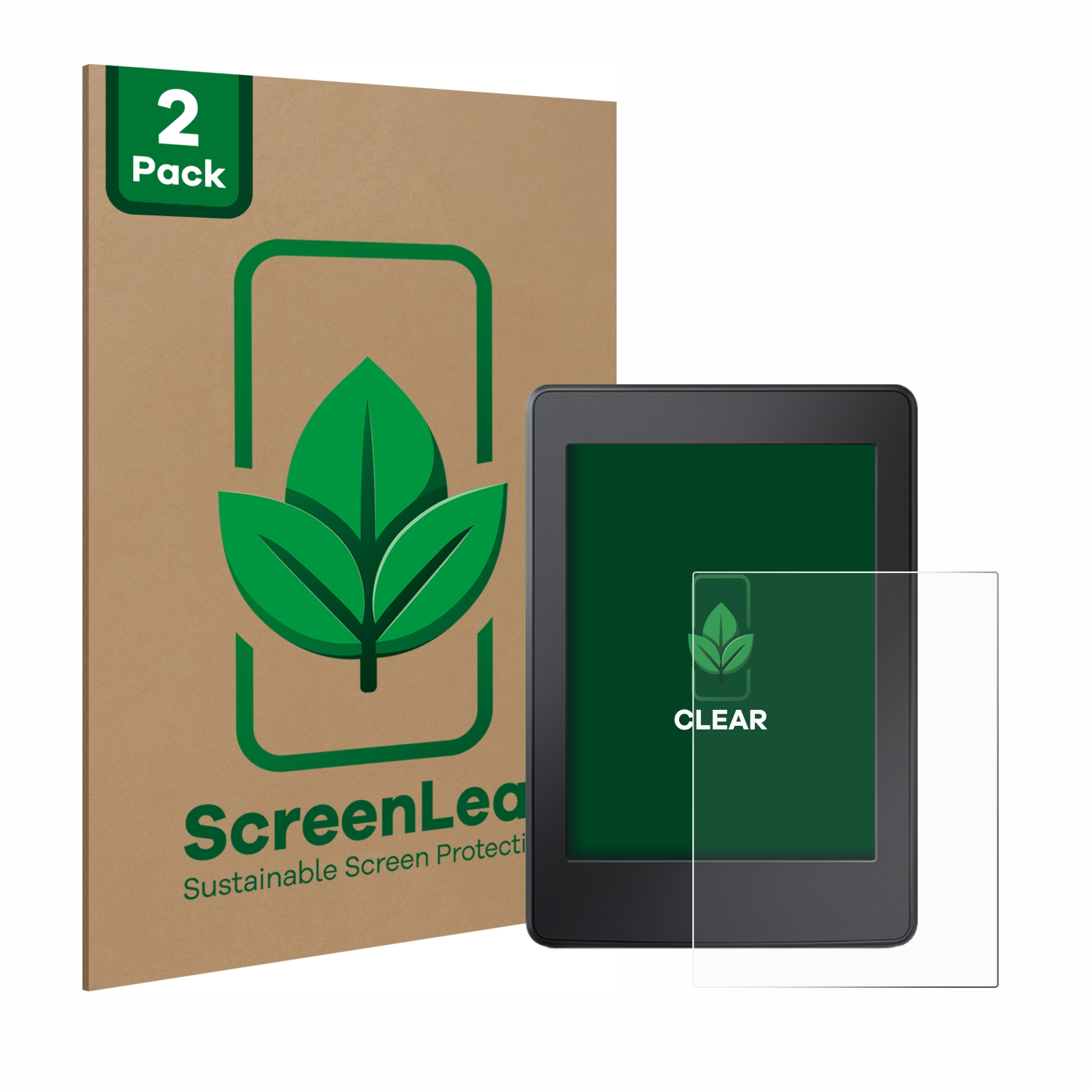 Ein E-Book-Reader mit angebrachtem Displayschutz und Pappverpackung mit '2 Pack' beschriftet.