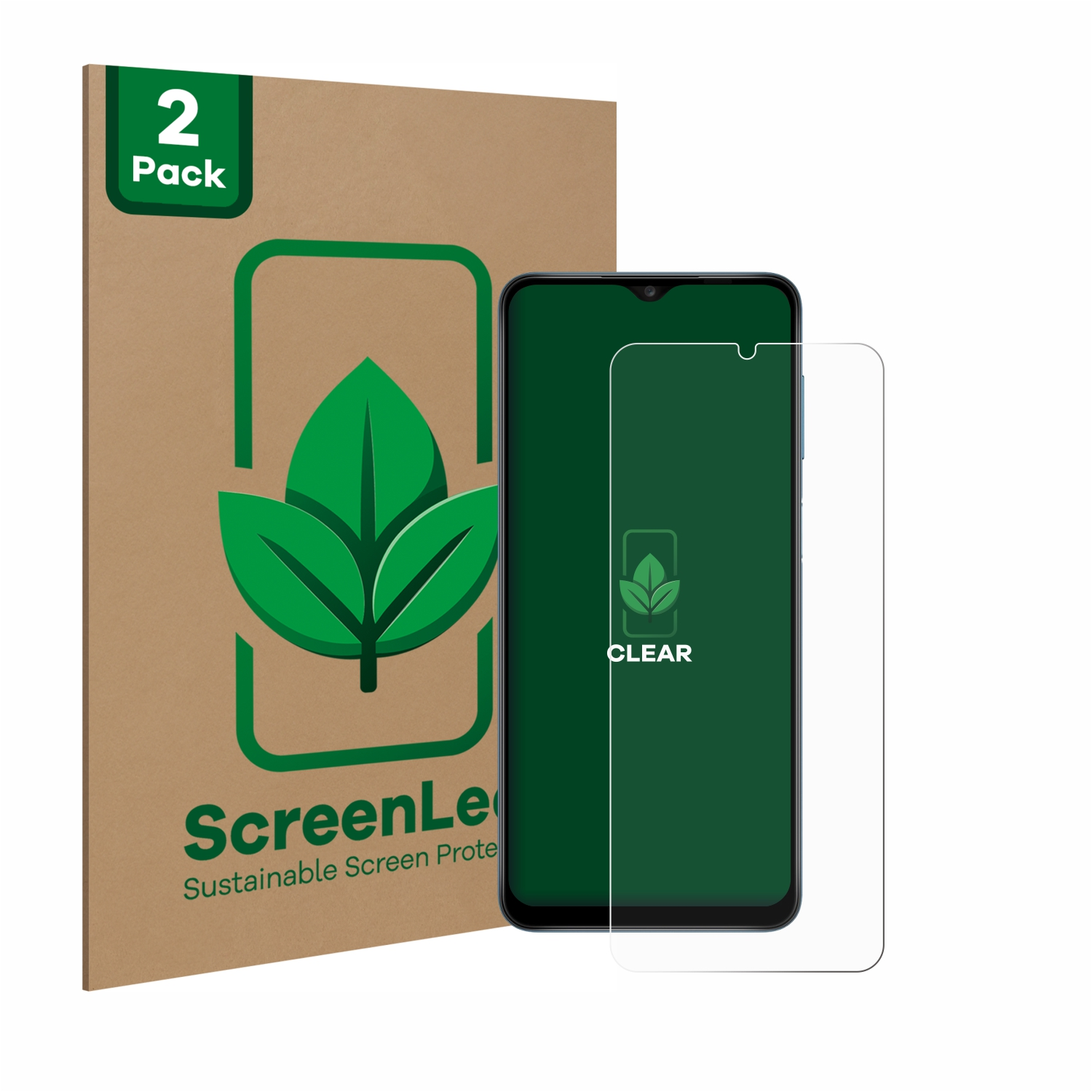 Zwei-Pack ScreenLeaf-Schutz mit Telefon und klarer Displayschutzfolie.