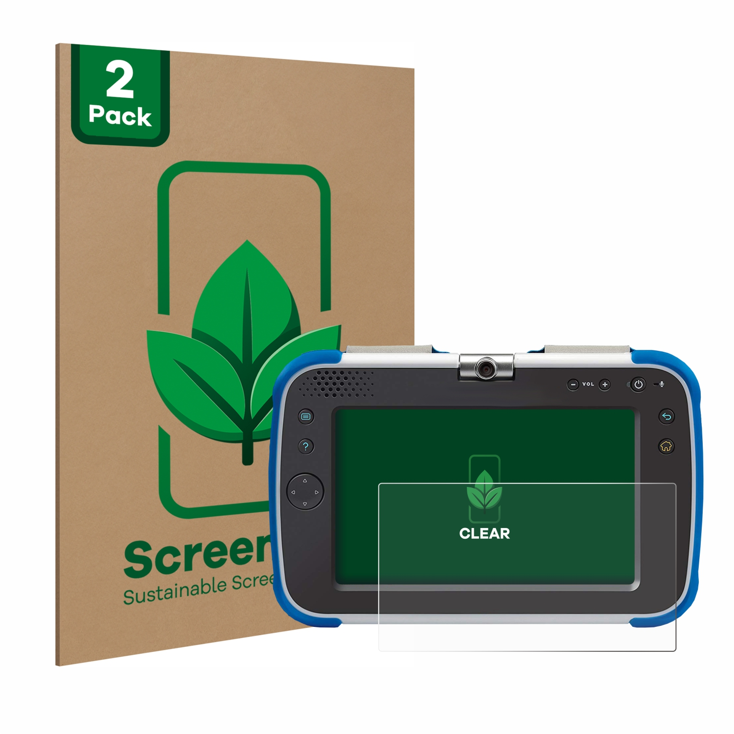 Ein Tablet und ein Displayschutz liegen neben der Verpackung. Der Schutz hat das Wort „klar“.