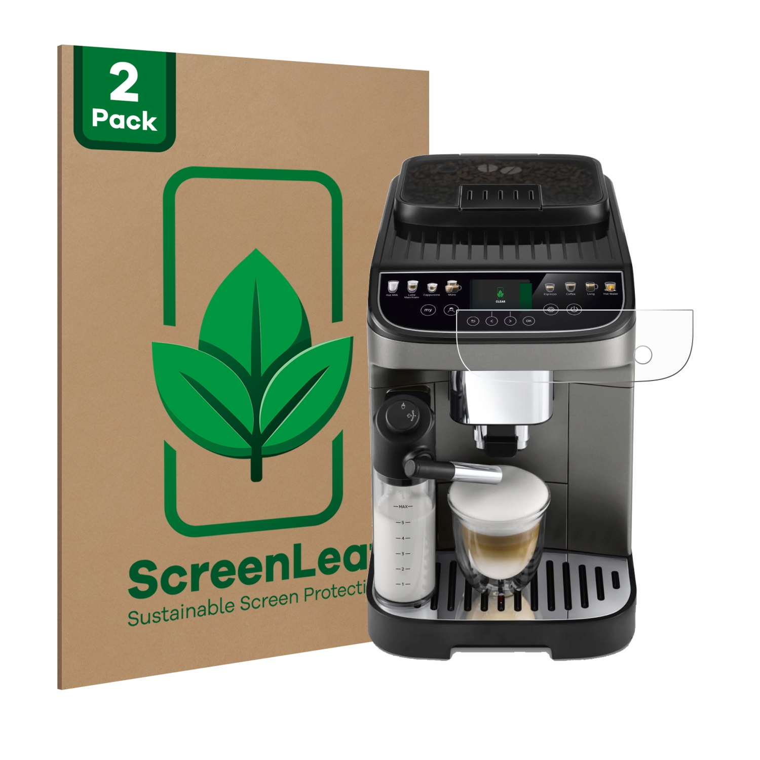 Kaffeemaschine mit Milchaufschäumer, zwei Kaffeetassen und Displayschutz.
